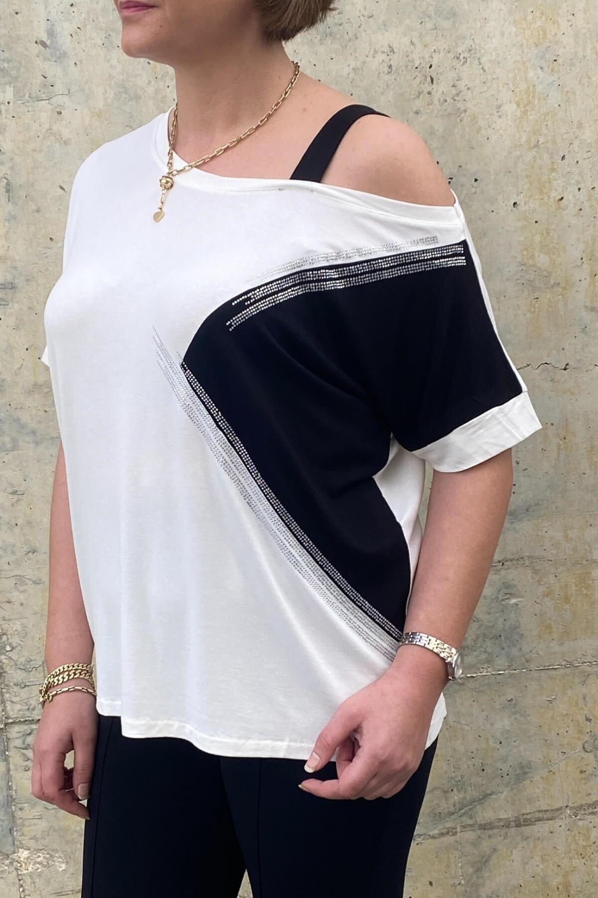 Büyük Beden Krem & Siyah  Küçük Taş Detaylı Bluz