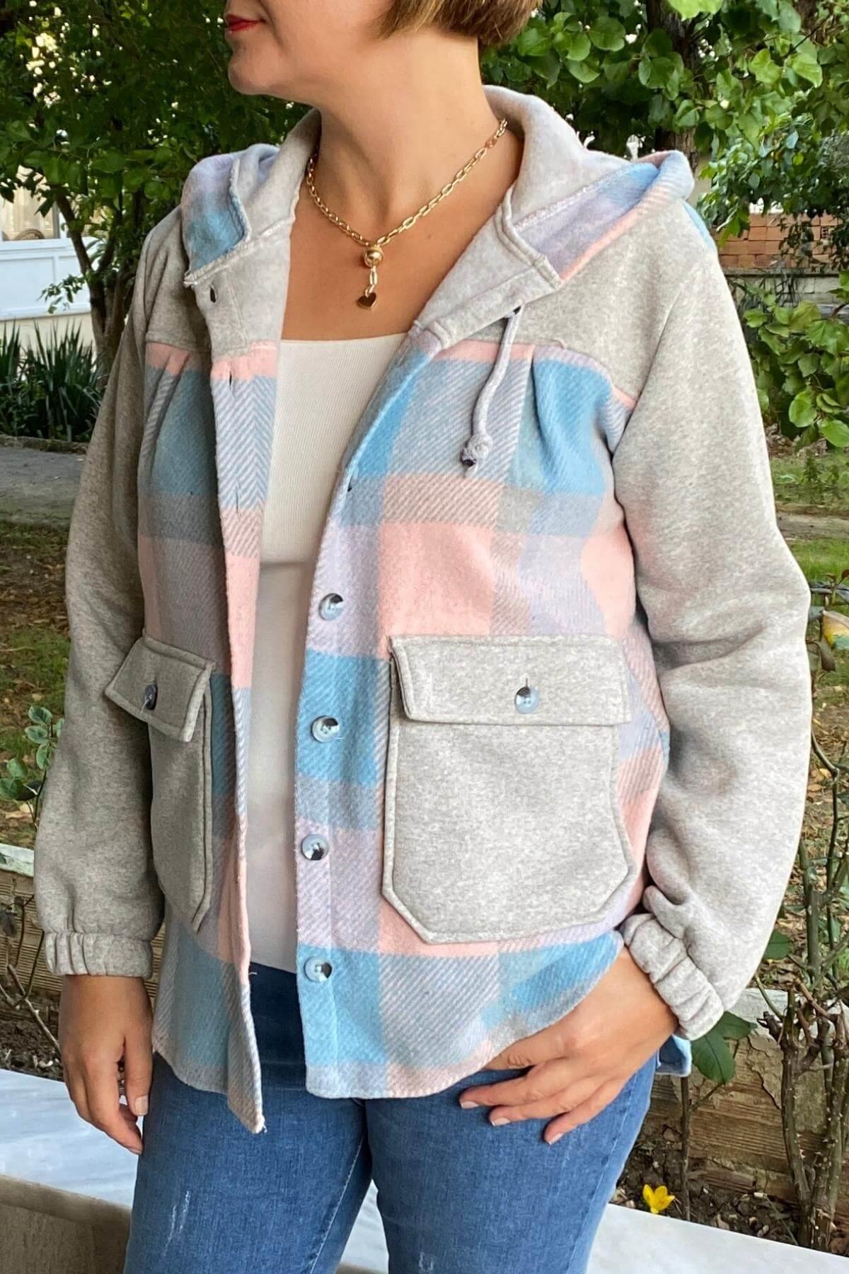 Kadın Mavi Kapşonlu Oduncu Gömlek Ceket