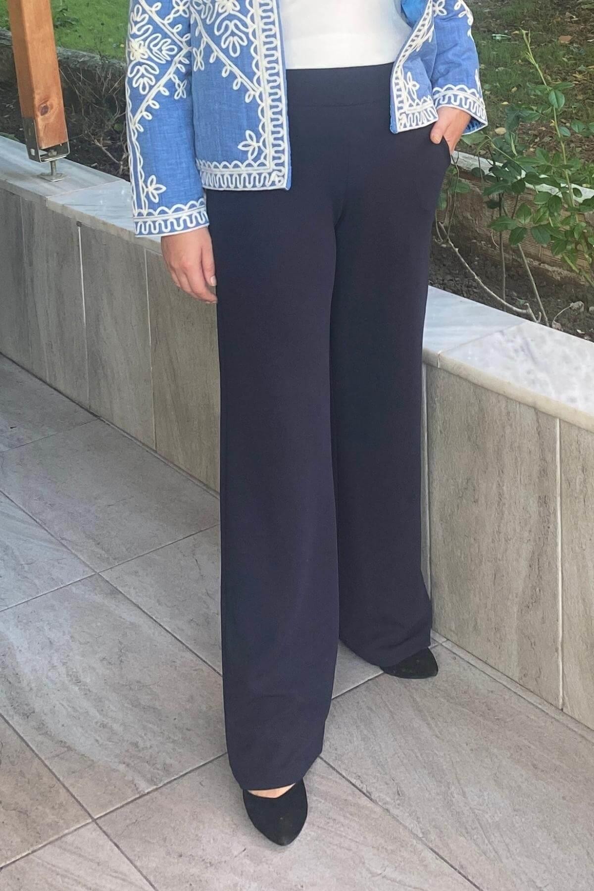 Kadın Lacivert Krep Korsaj Bol  Paca Toparlaycı Pantolon