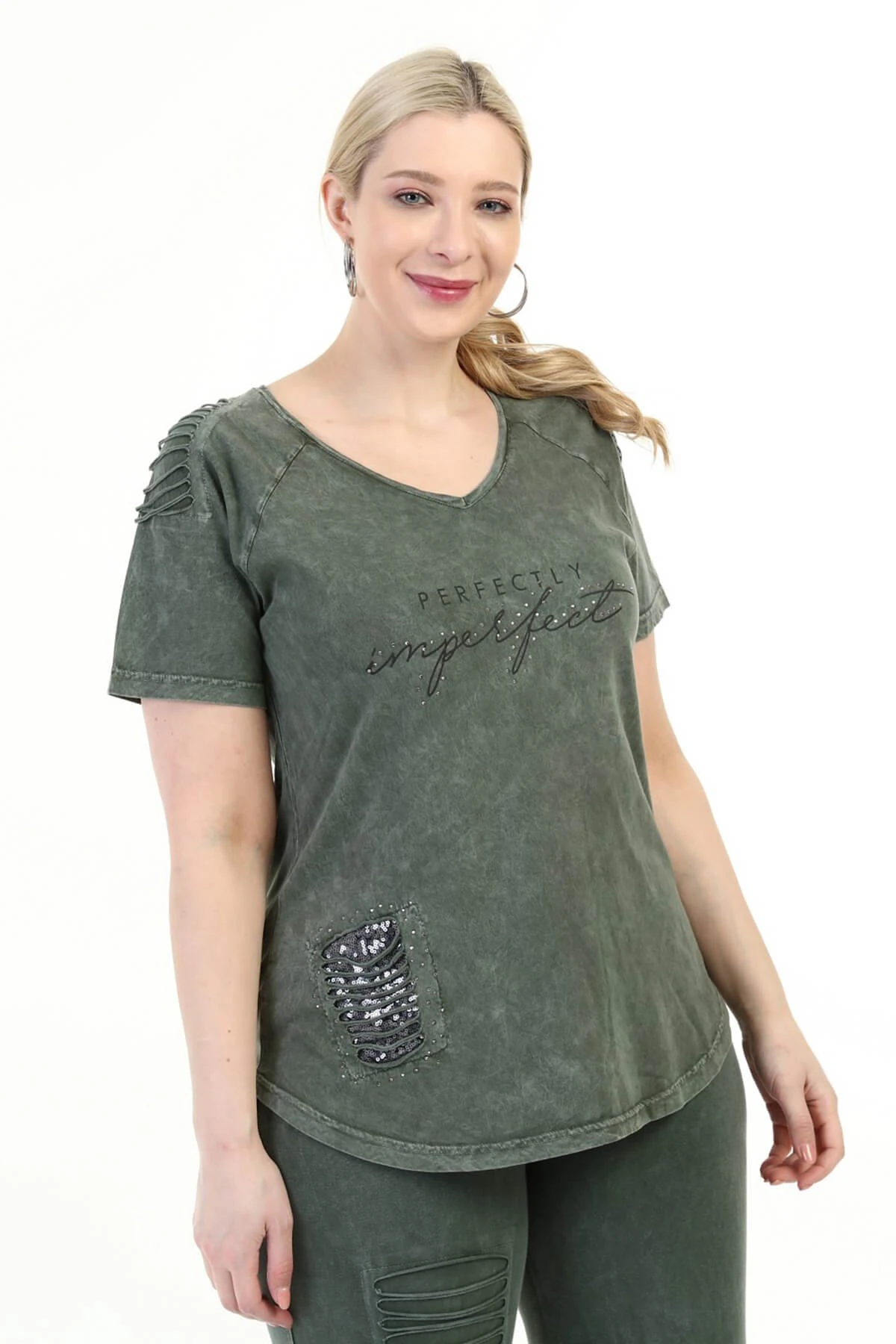 Büyük Beden Haki Omuzu Lazerli  İtalyan Yıkamalı Tayt Takım