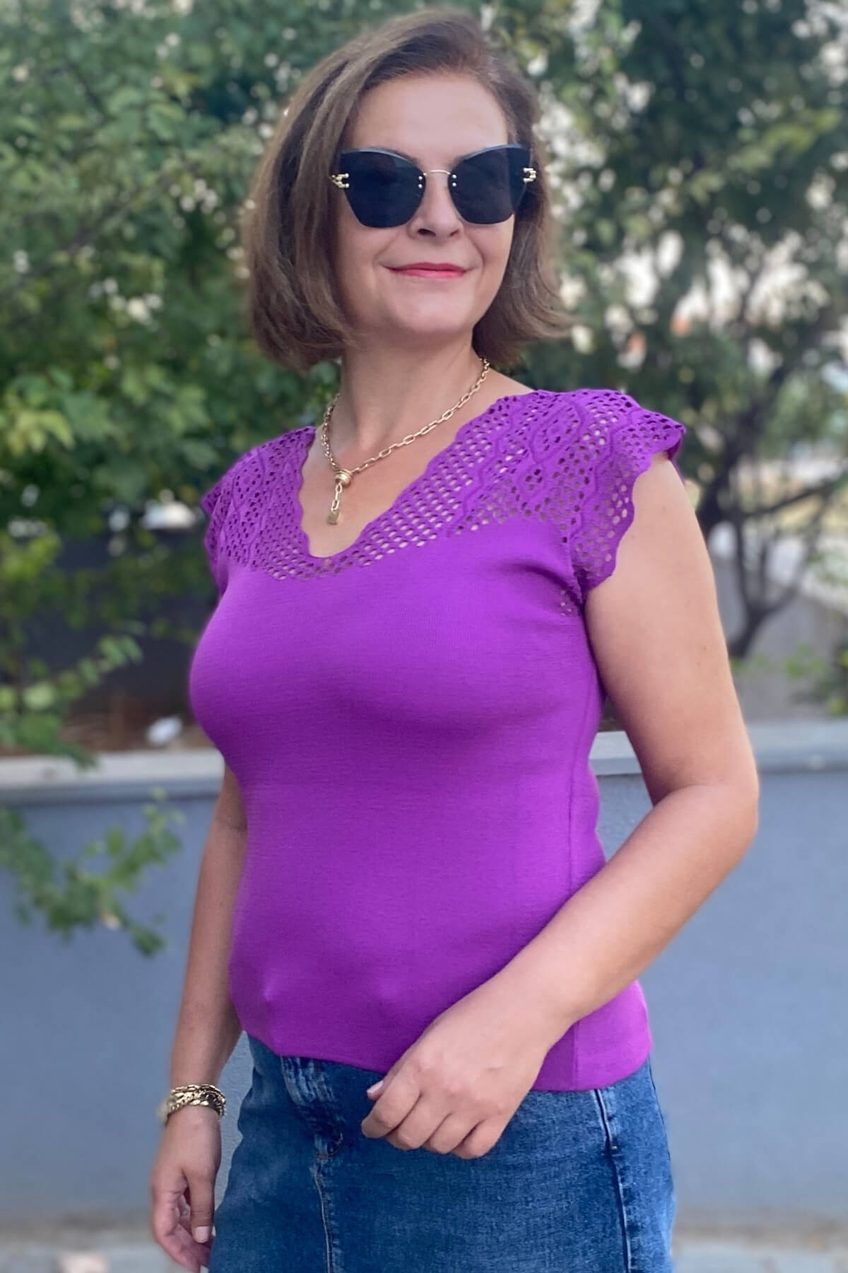 Kadın Mor Sıfır Kol Ajurlu Triko Bluz