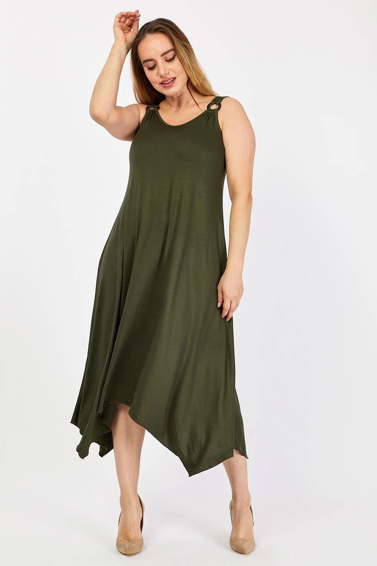 Büyük Beden Haki Askılı Tokalı Uzun Elbise