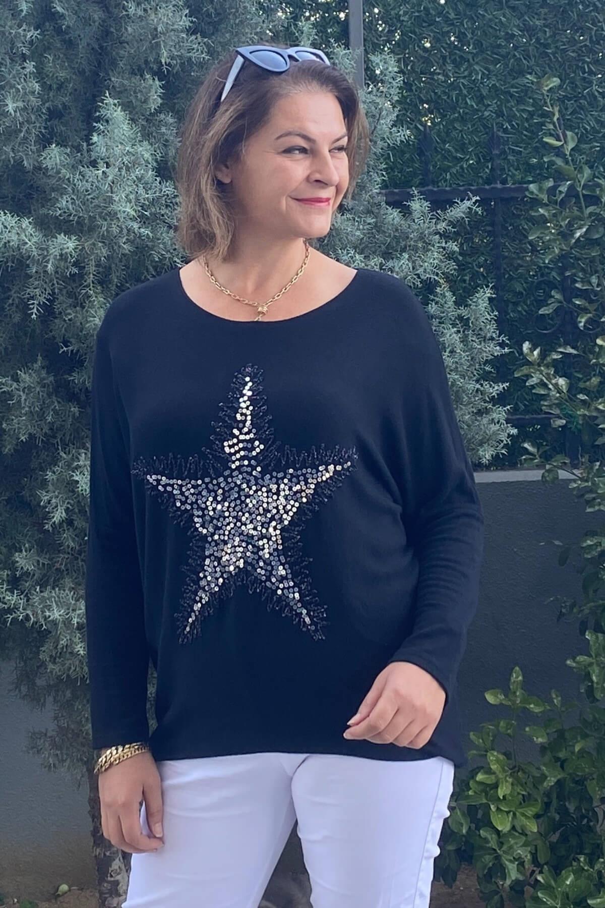 Kadın İtalyan Yıldız İşlmeli Siyah Bluz