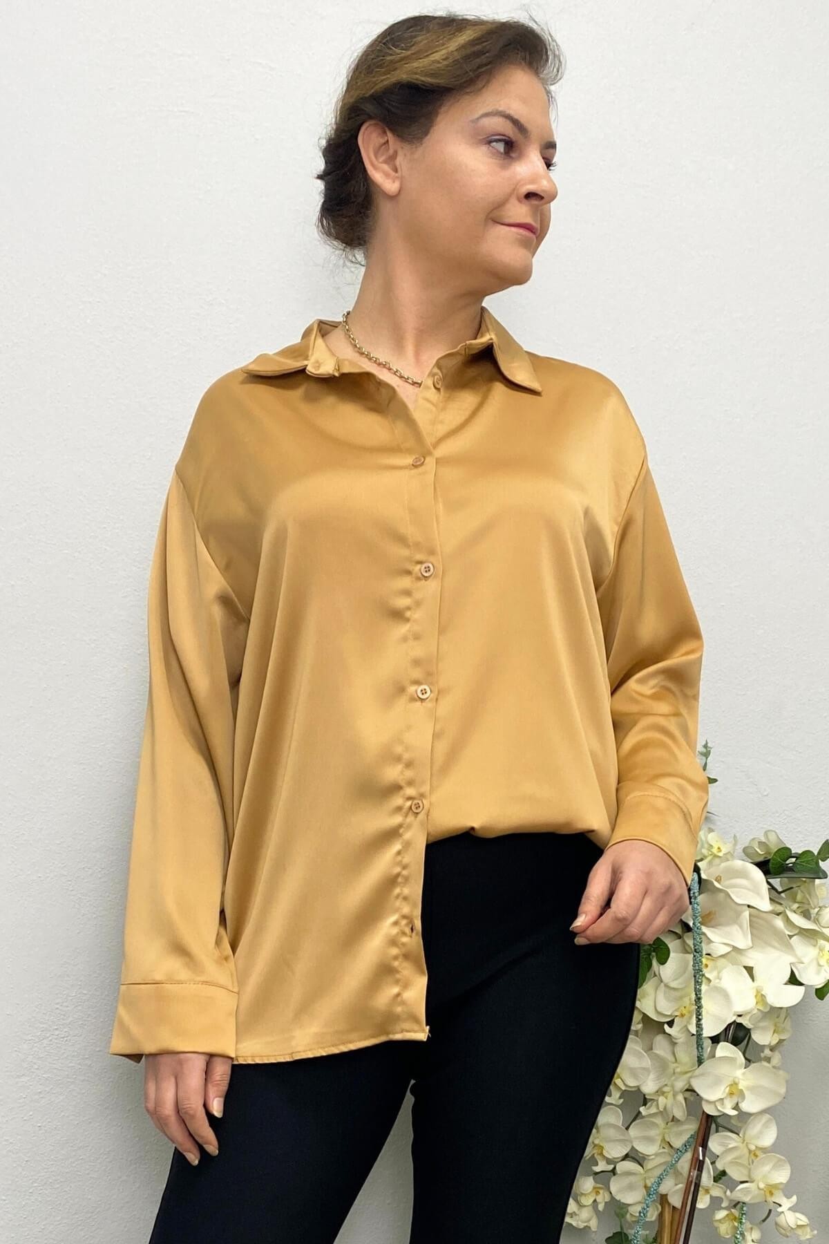 Kadın Camel Saten Gömlek