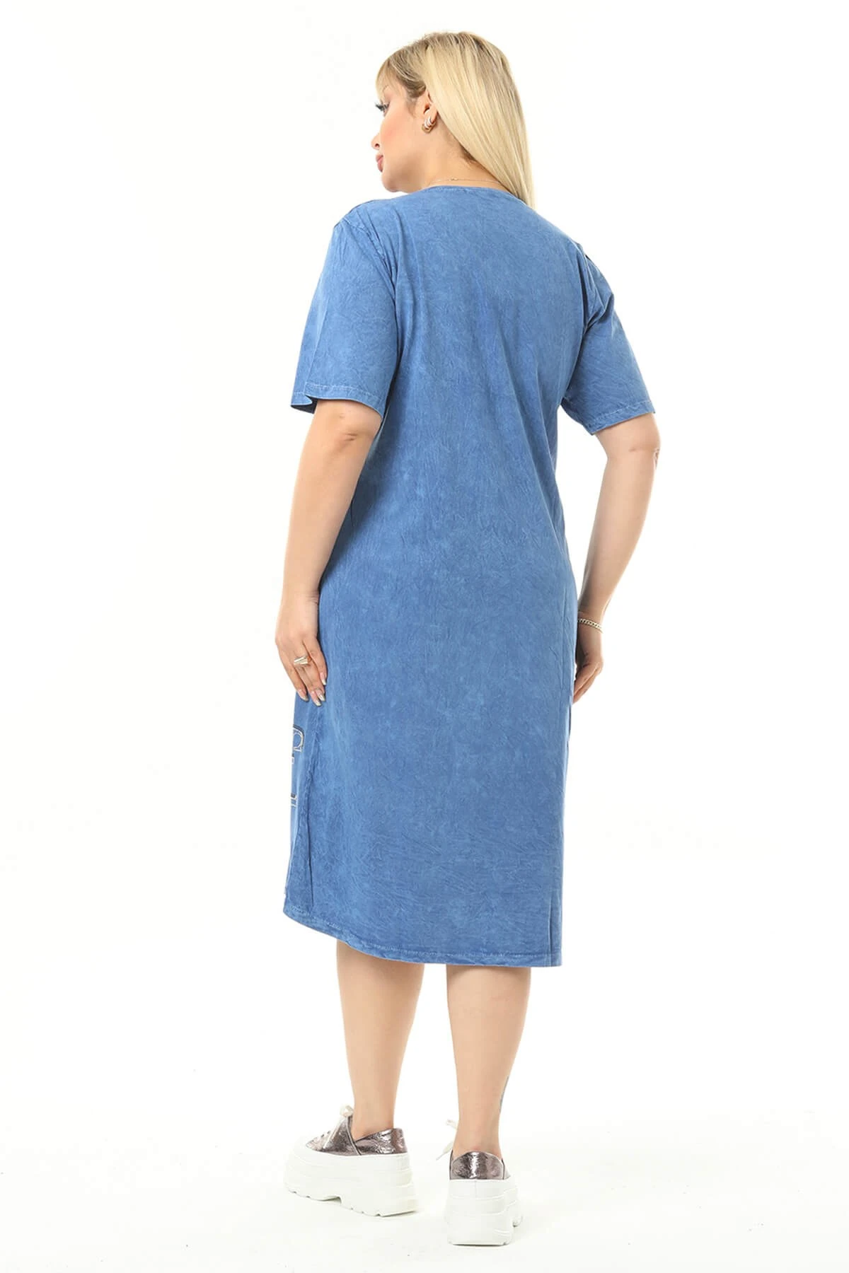 Büyük Beden Mavi Küçük Taşlarla Süslenmiş Pamuklu Elbise