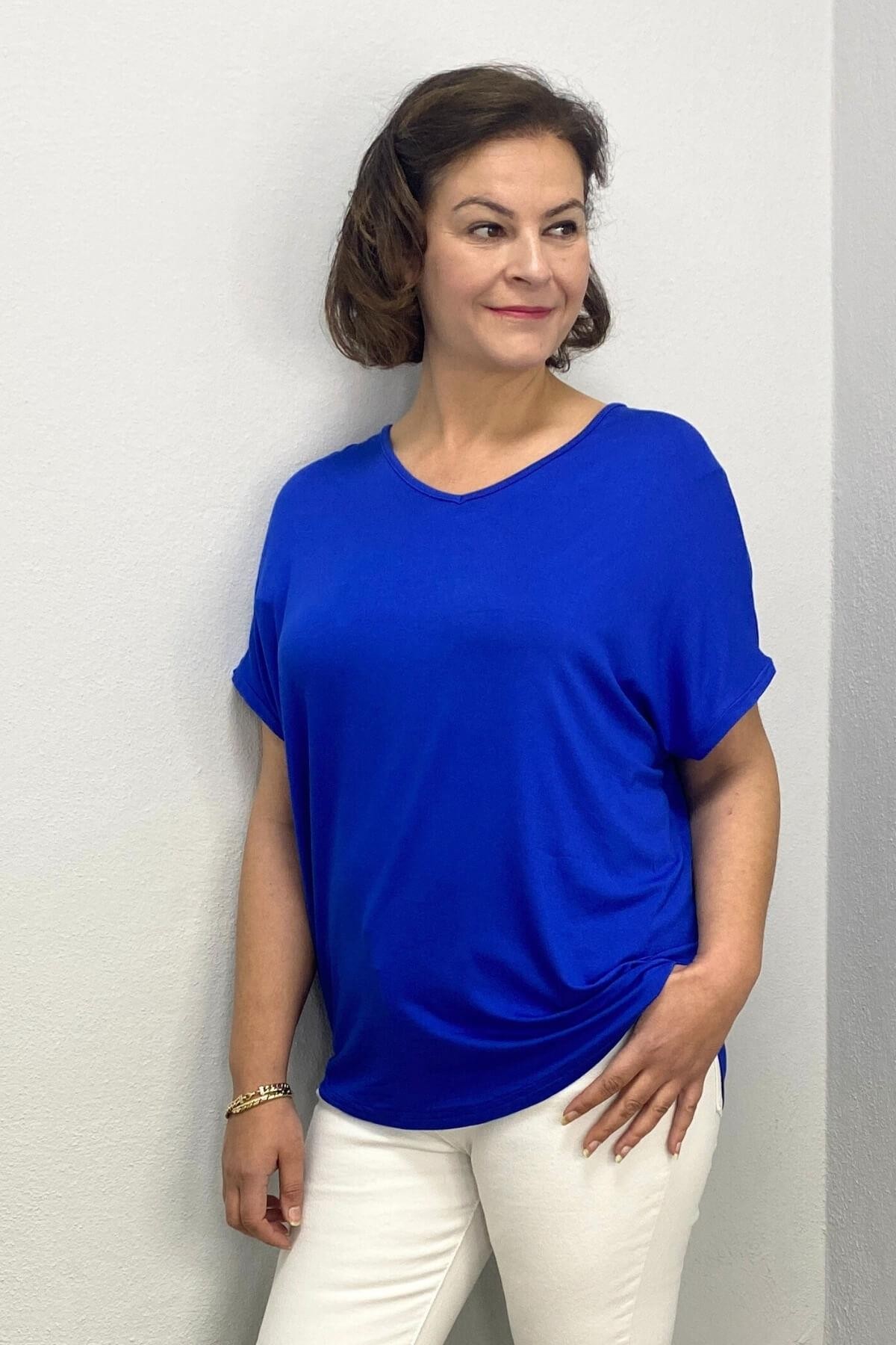 Kadın Saks Mavi Sırtı Çapraz Bluz