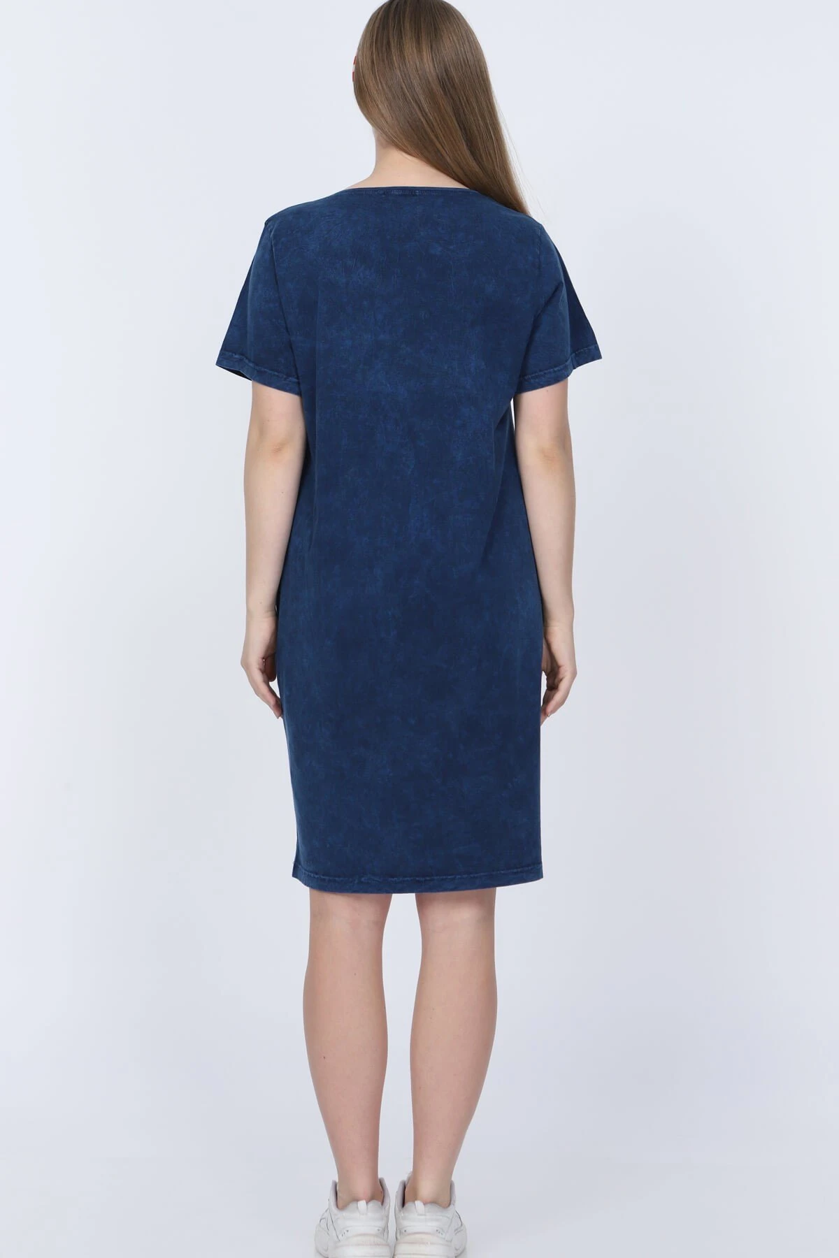 Büyük Beden İtalyan Yıkamalı Lacivert Önü Pencereli Pullu Elbise