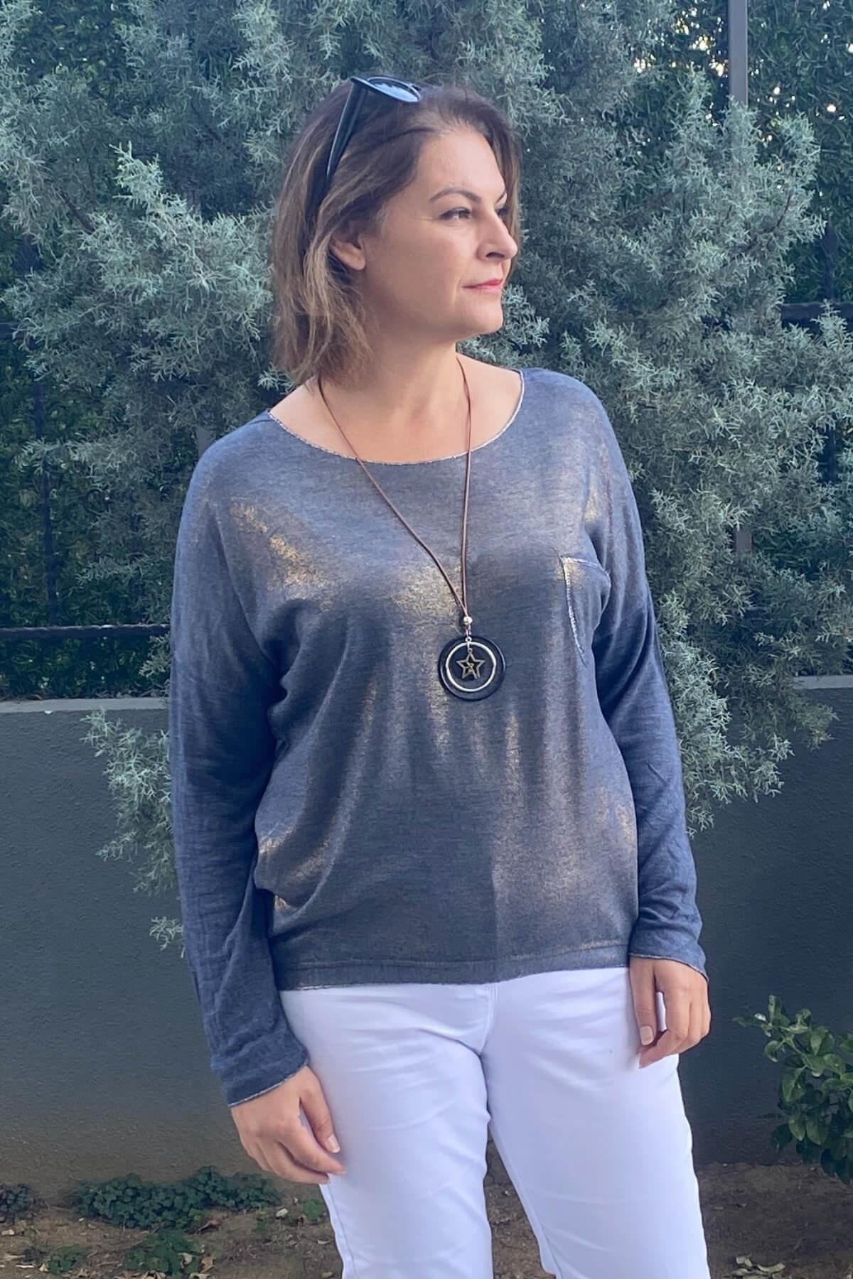 Kadın İtalyan Lacivert Varak Detaylı Triko Bluz