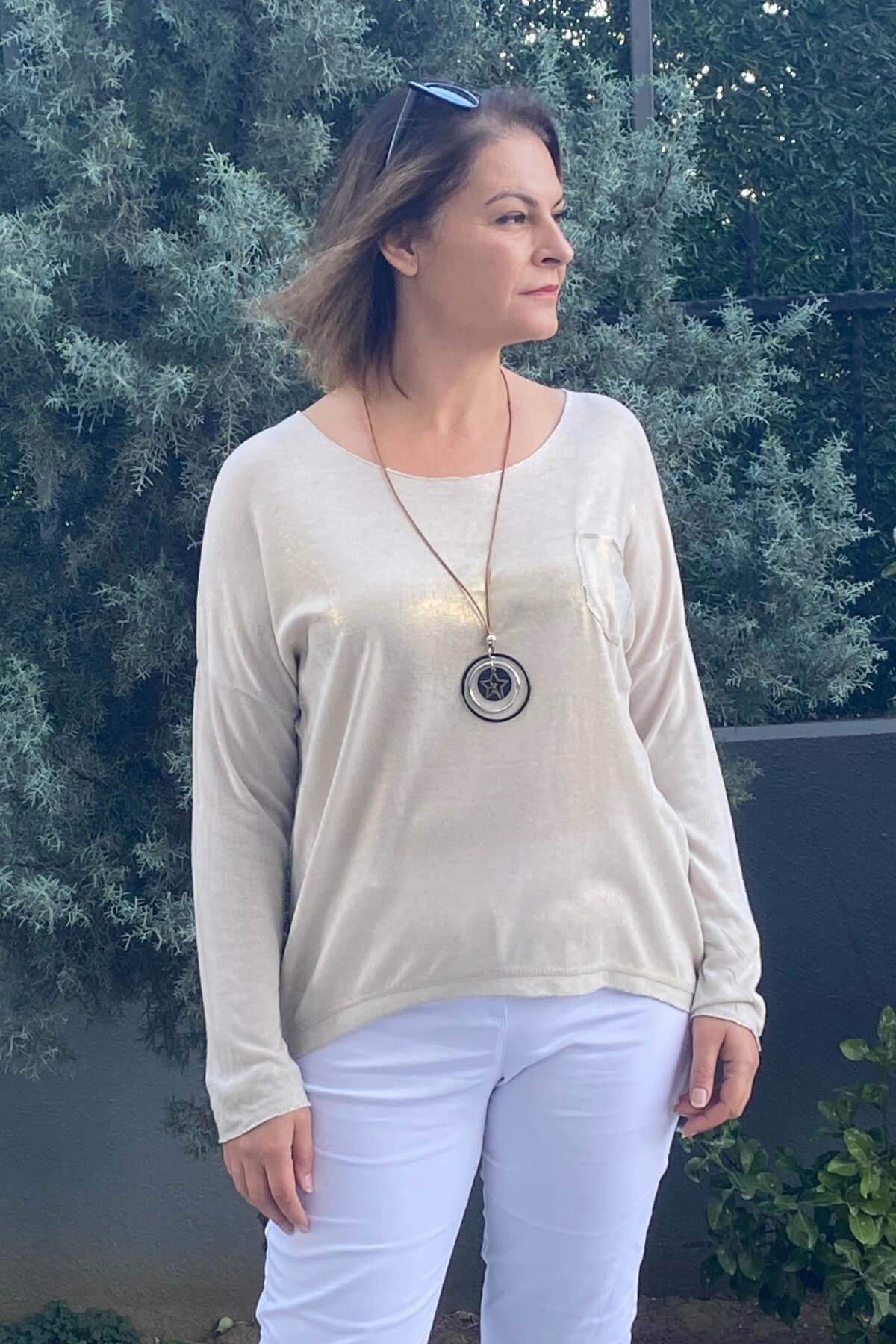 Kadın İtalyan Krem Varak Detaylı Triko Bluz