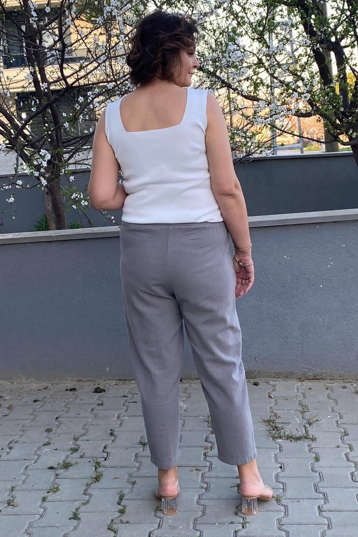 Kadın Gri Keten Havuç Pantolon