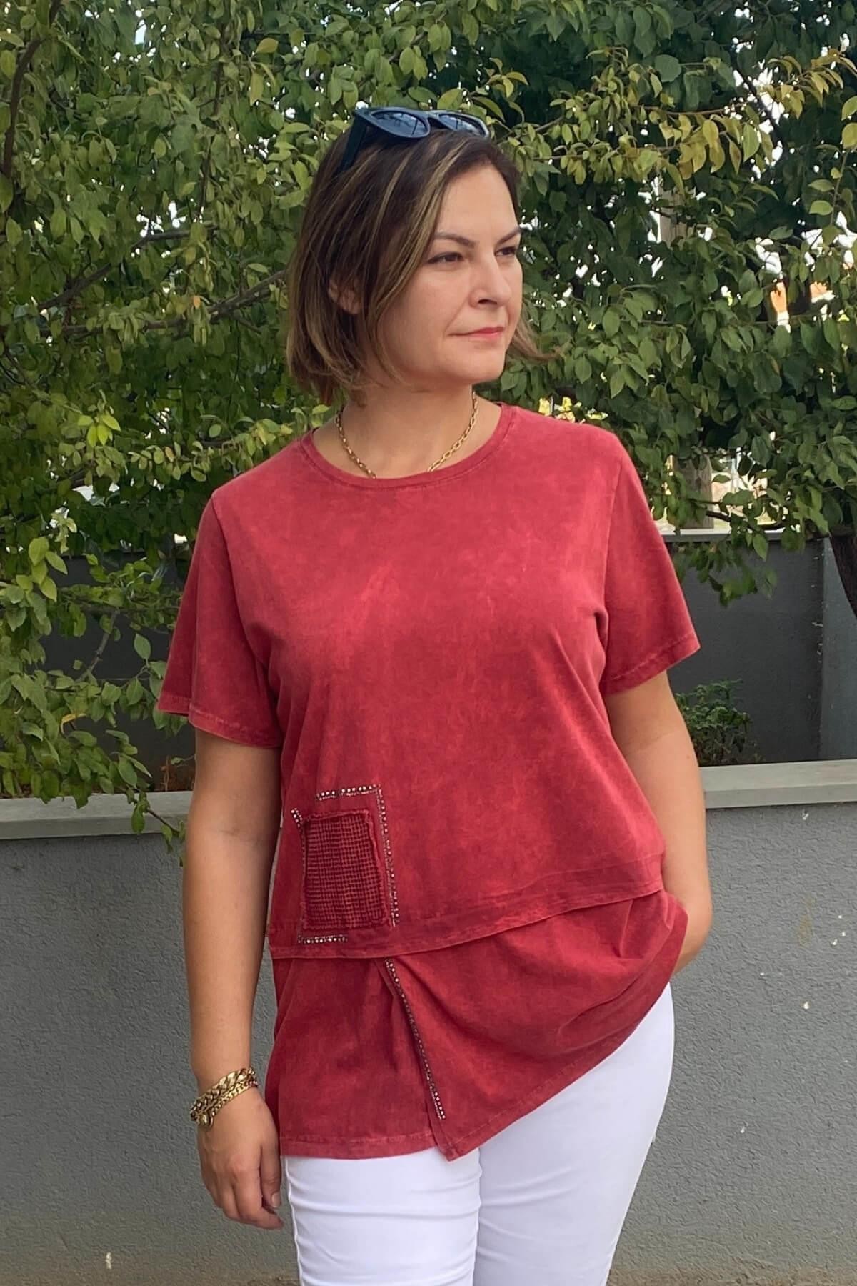 Büyük Beden Bordo Taş Detalı Tshirt