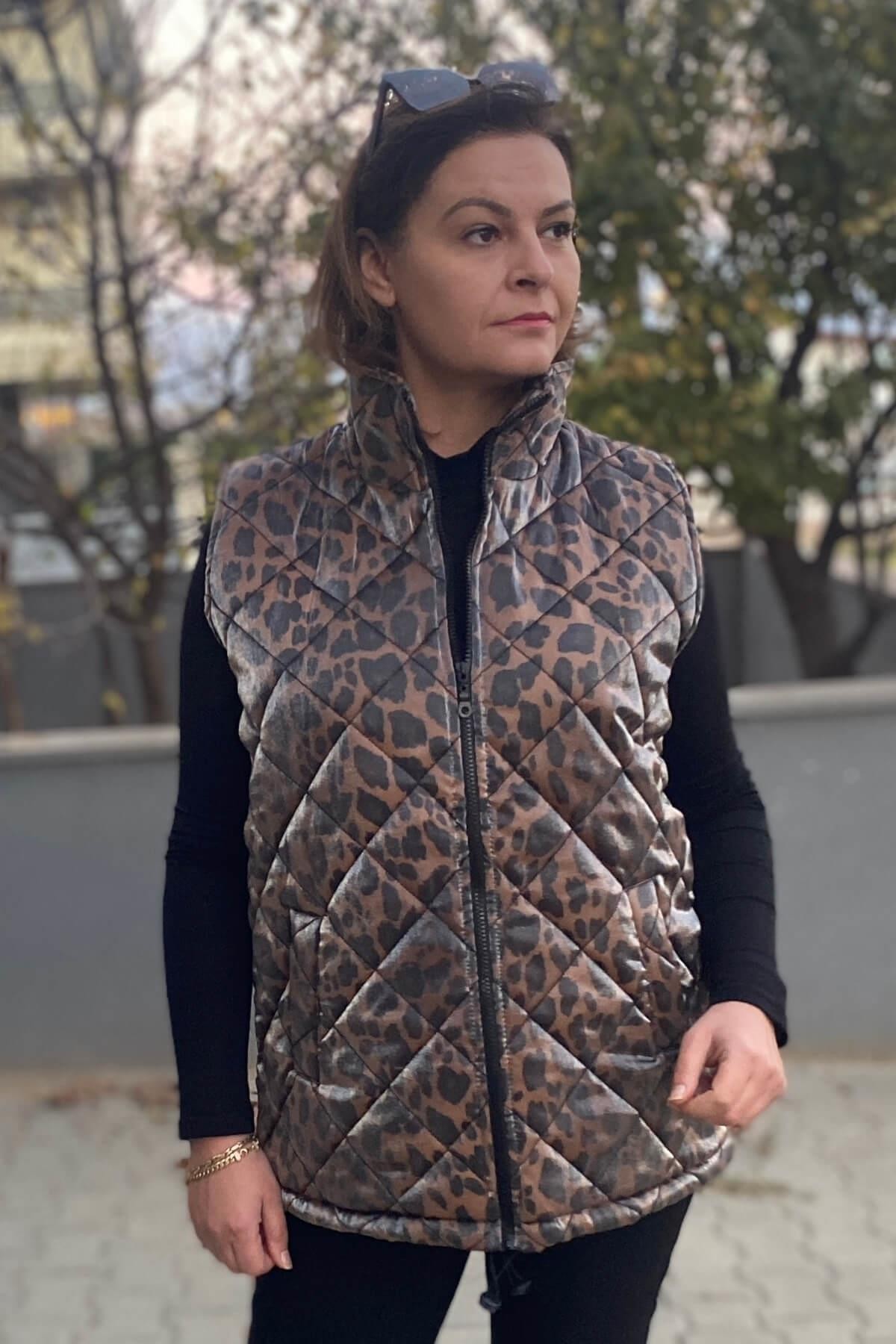 Büyük Beden Kahve  Leopar Deseli  Yelek