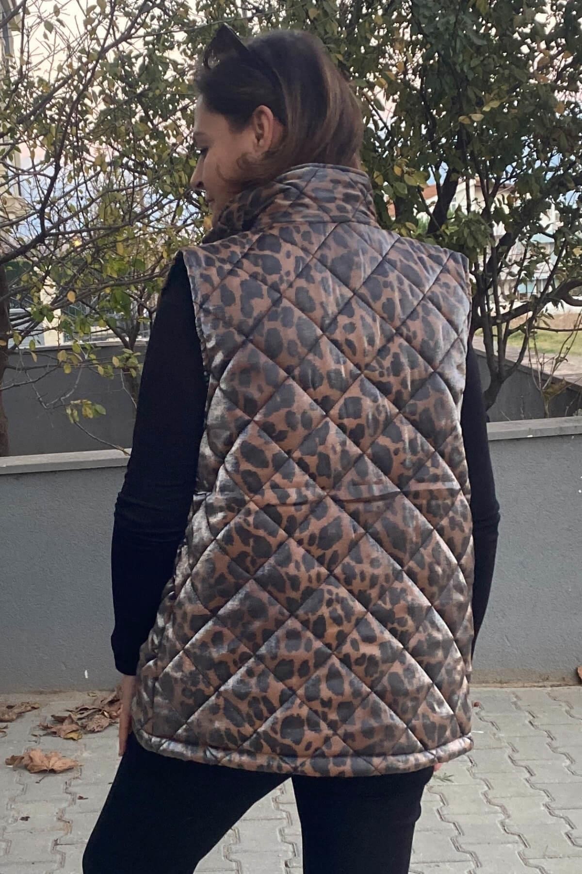 Büyük Beden Kahve  Leopar Deseli  Yelek