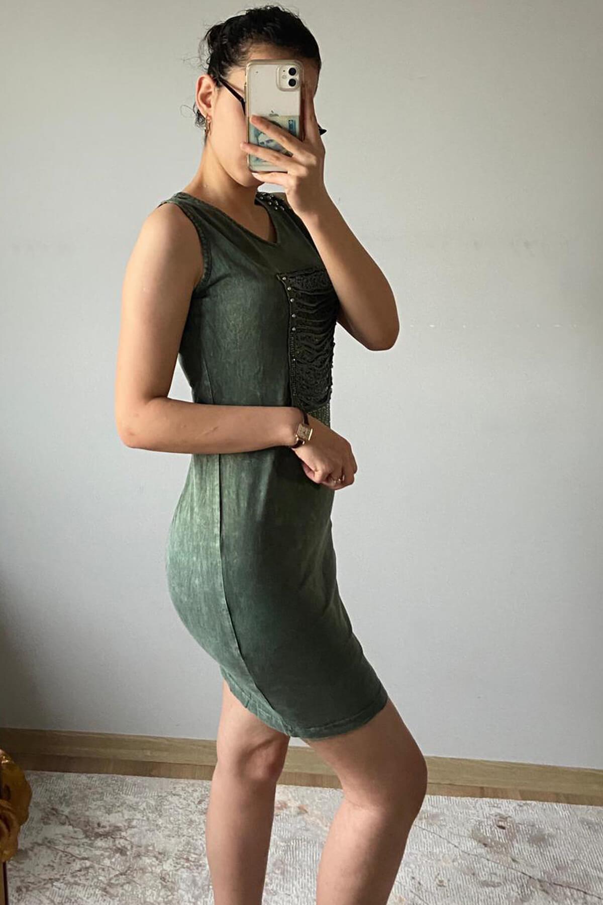 Kadın V Yaka Kare Pul Payetli Haki Elbise