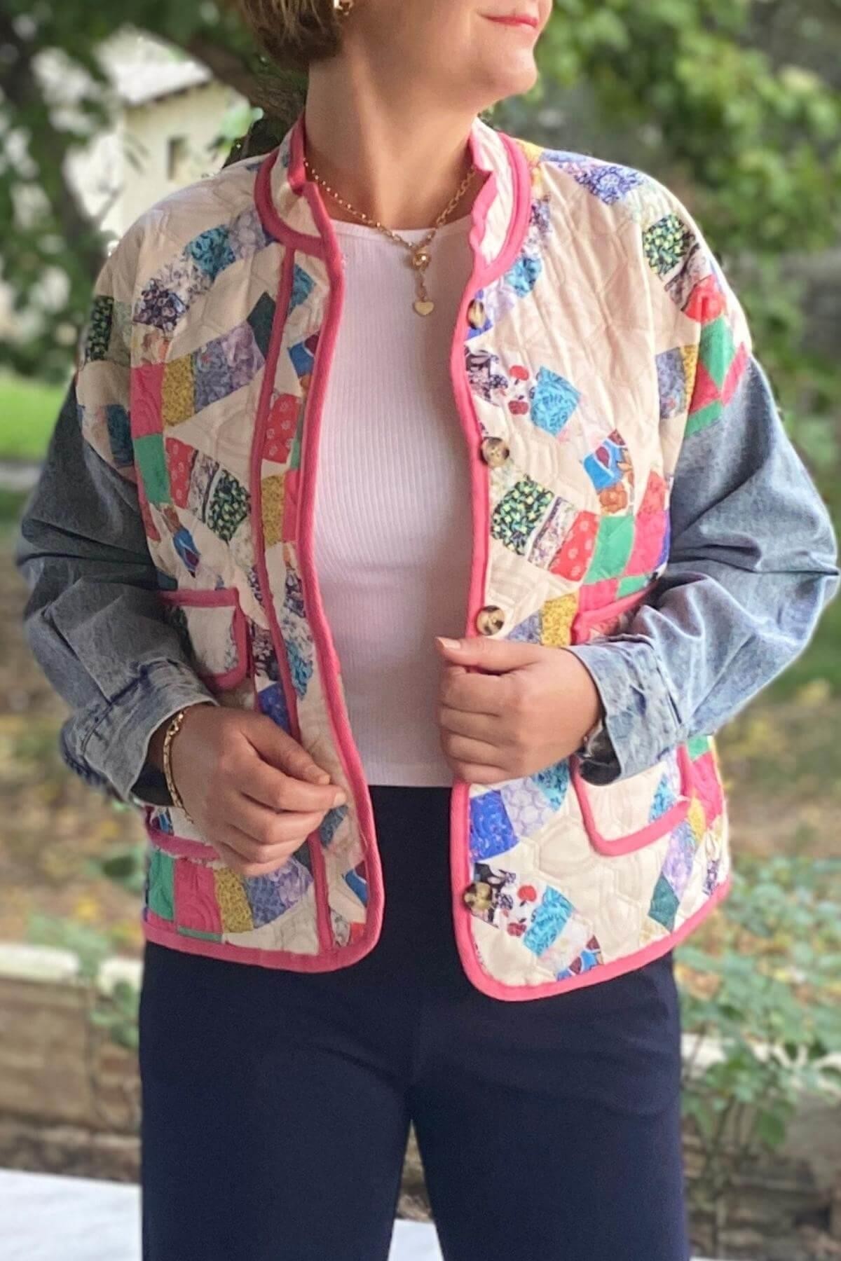 Kadın Krem Patchwork Desenli Ceket