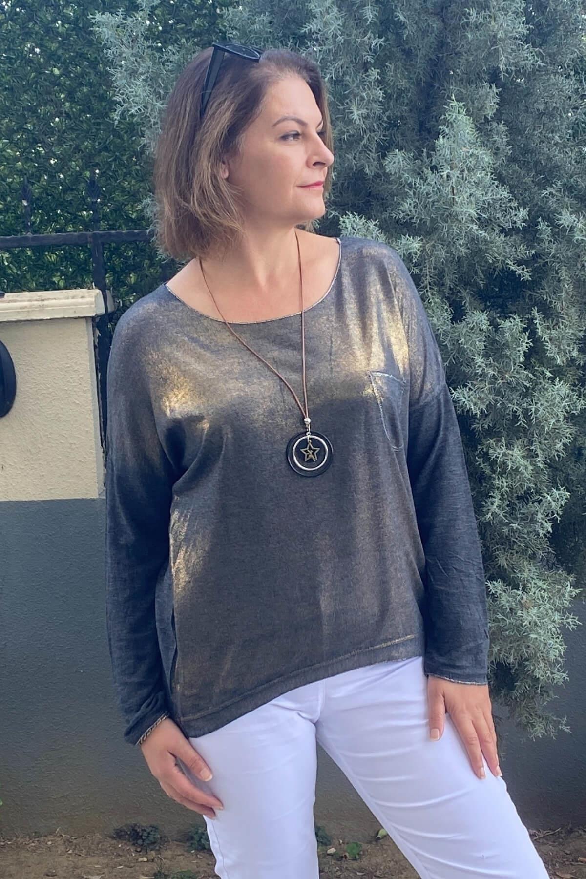 Kadın İtalyan Füme Varak Detaylı Triko Bluz