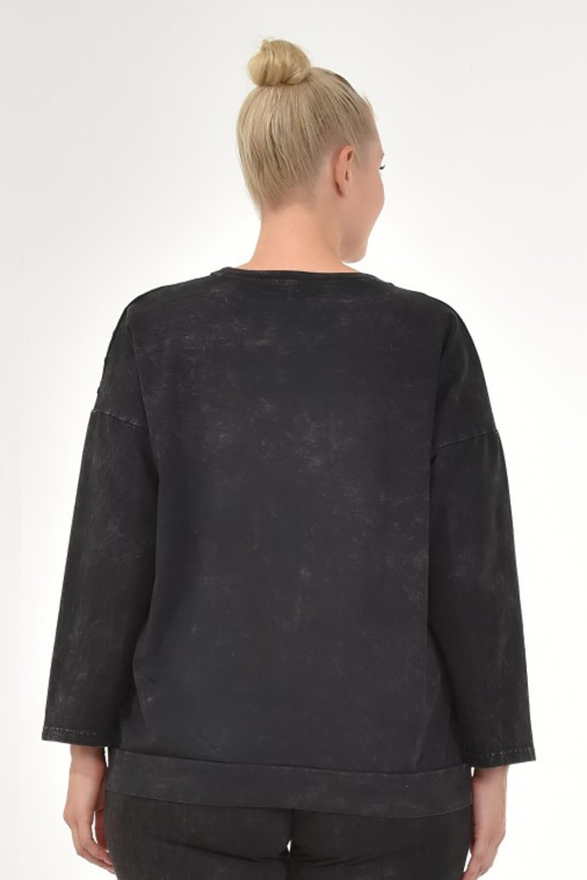Kadın Büyük Beden İtalyan Yıkamalı Siyah Yuvarlak Yaka Sweatshirt