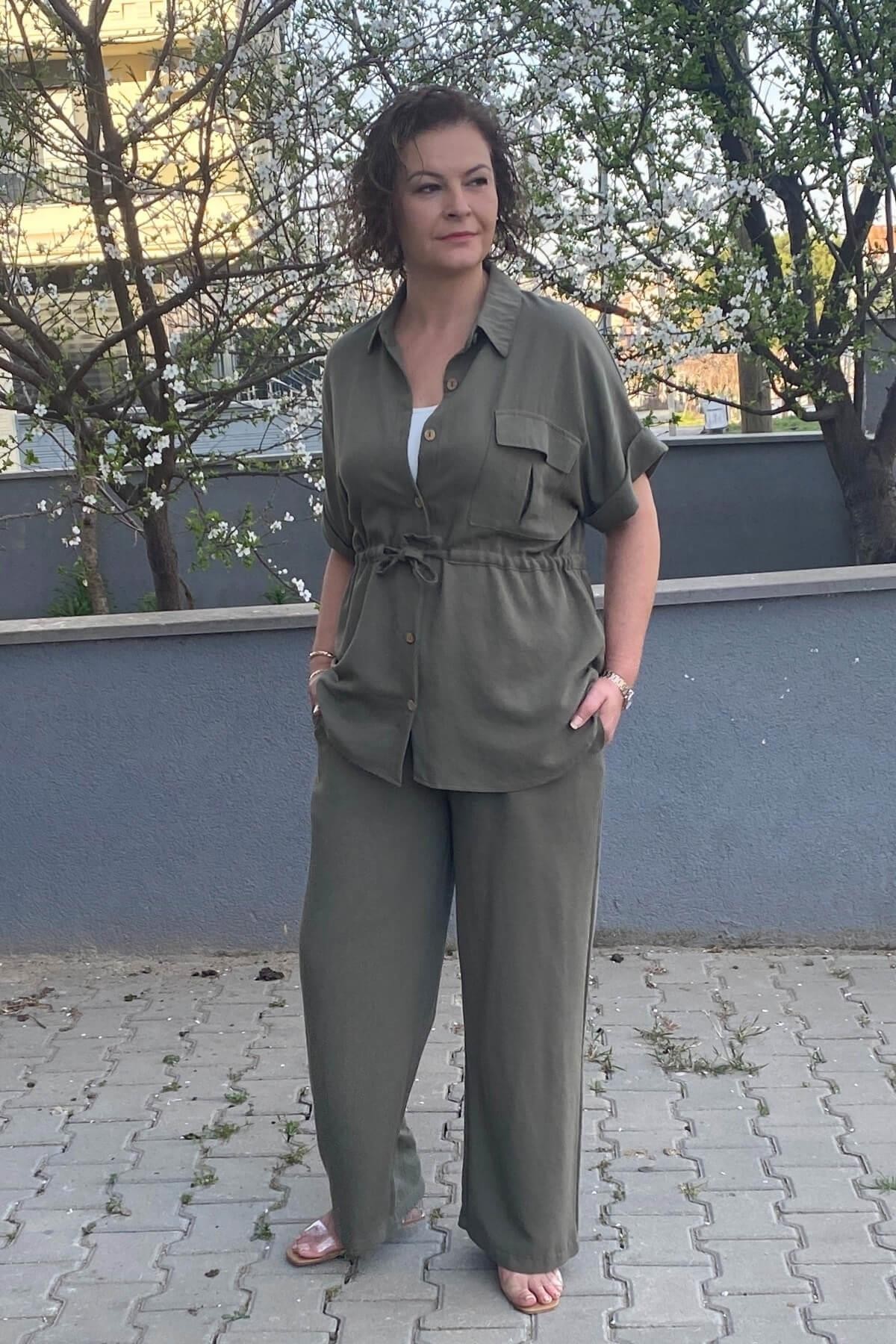 Kadın Haki Önden Büzgü Detaylı Keten Takım