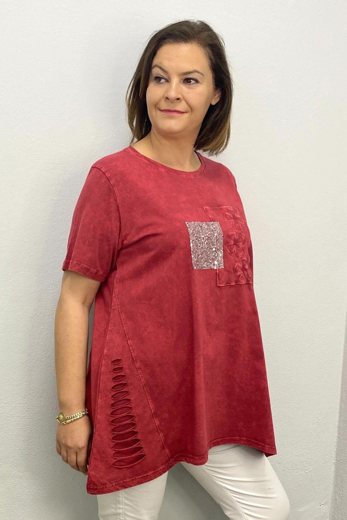 Kadın Bordo Yıkamalı Pamuk Çiçek Nakışlı Bluz