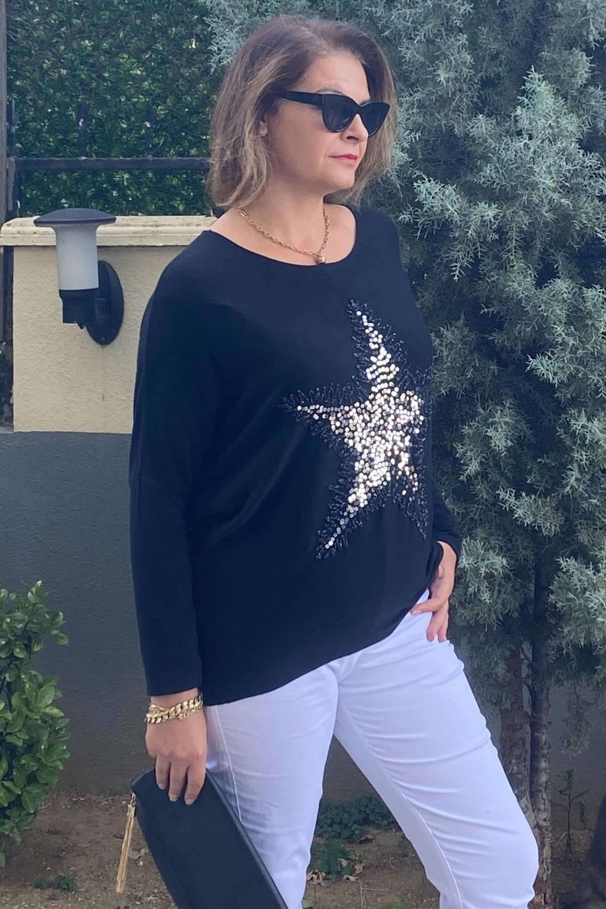 Kadın İtalyan Yıldız İşlmeli Siyah Bluz