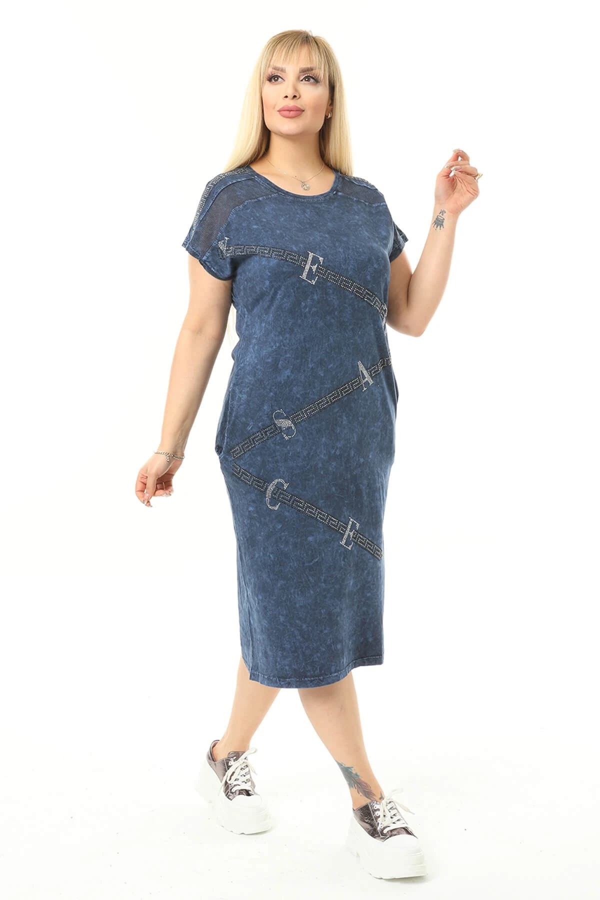 Büyük Beden Lacivert Gizli Cep Detaylı Elbise