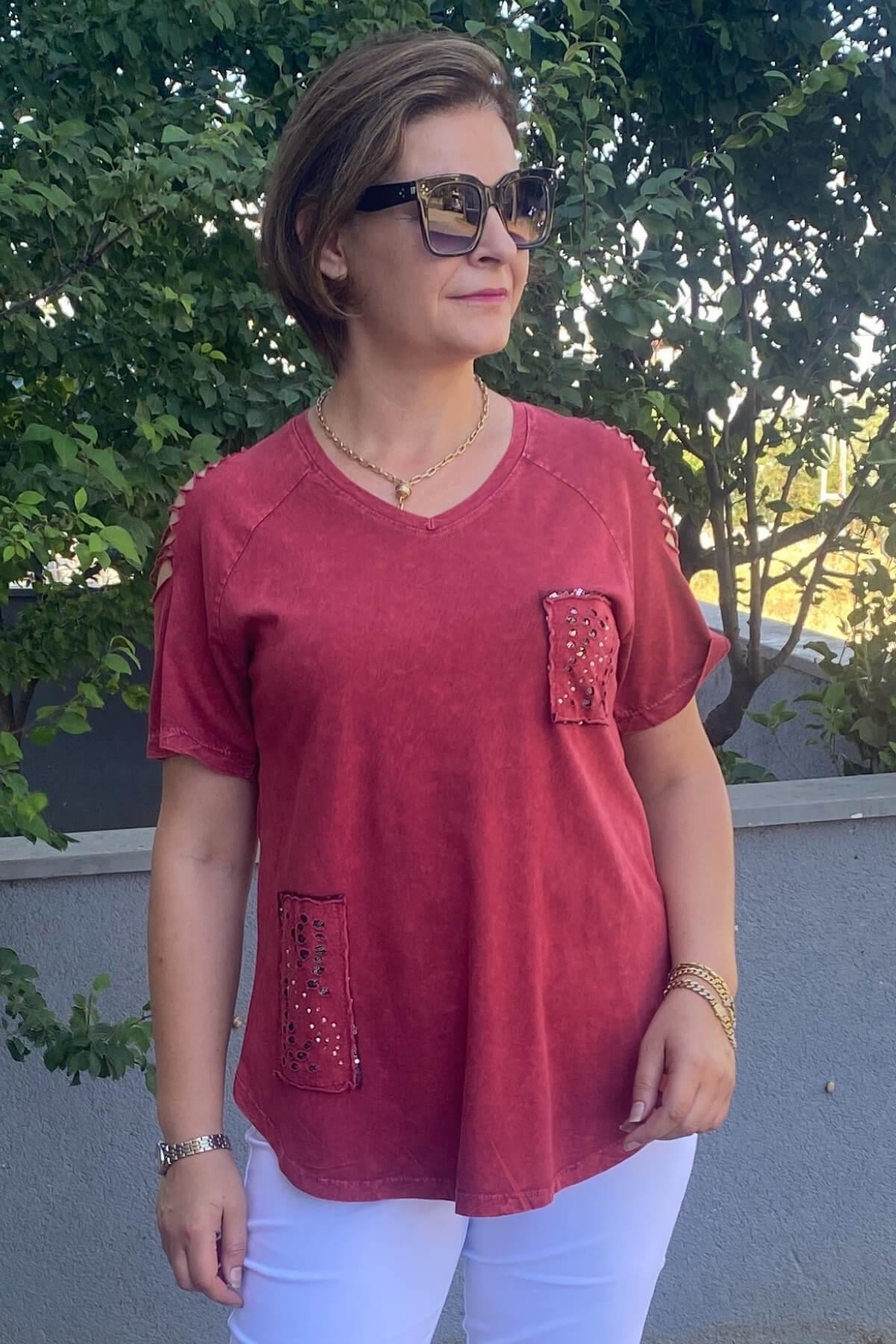 Büyük Beden Bordo Omuz Dekolte Pamuklu Tshirt
