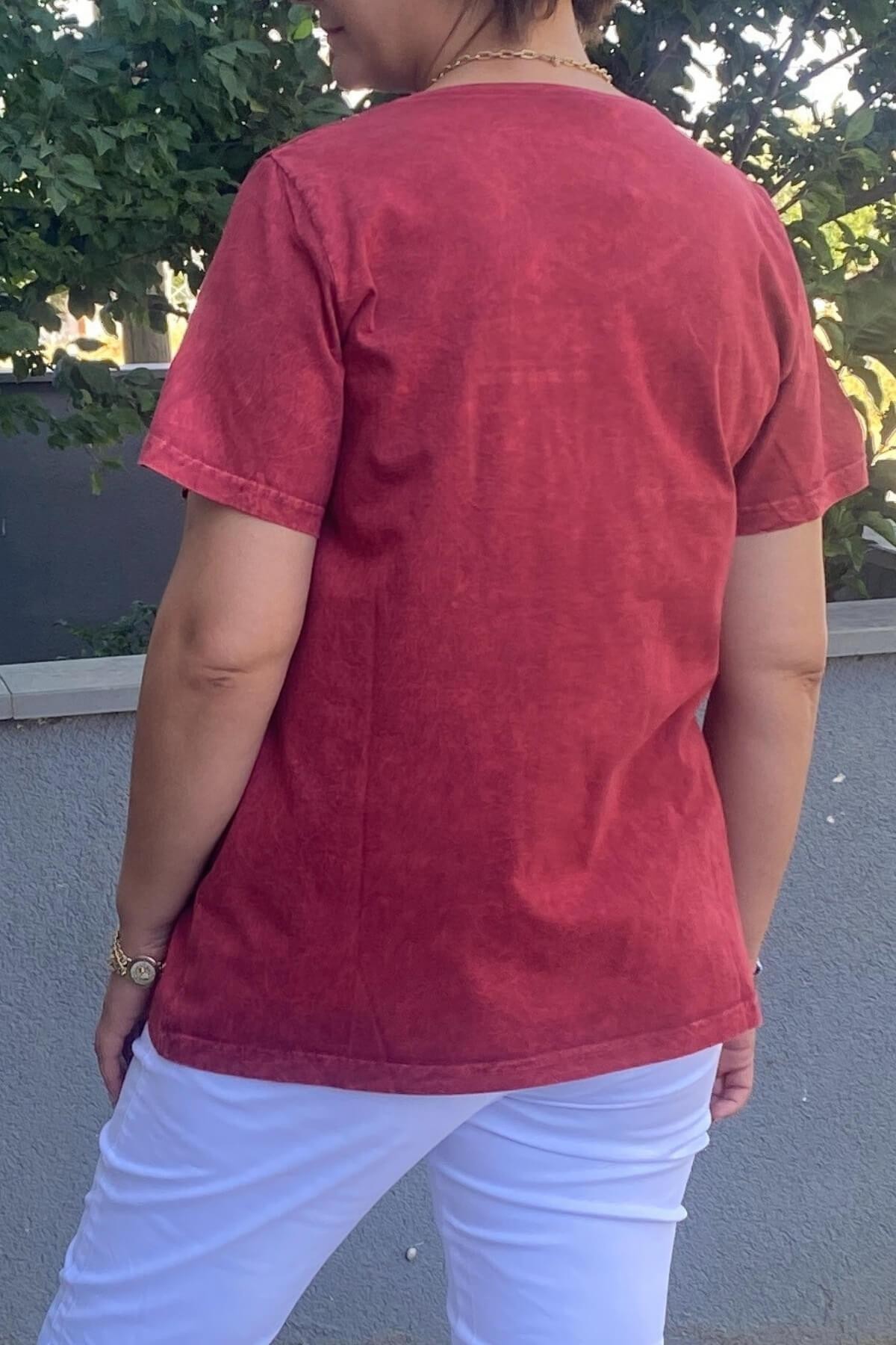 Büyük Beden Bordo İtalyan Yıkamalı Pencere Detaylı Tshirt