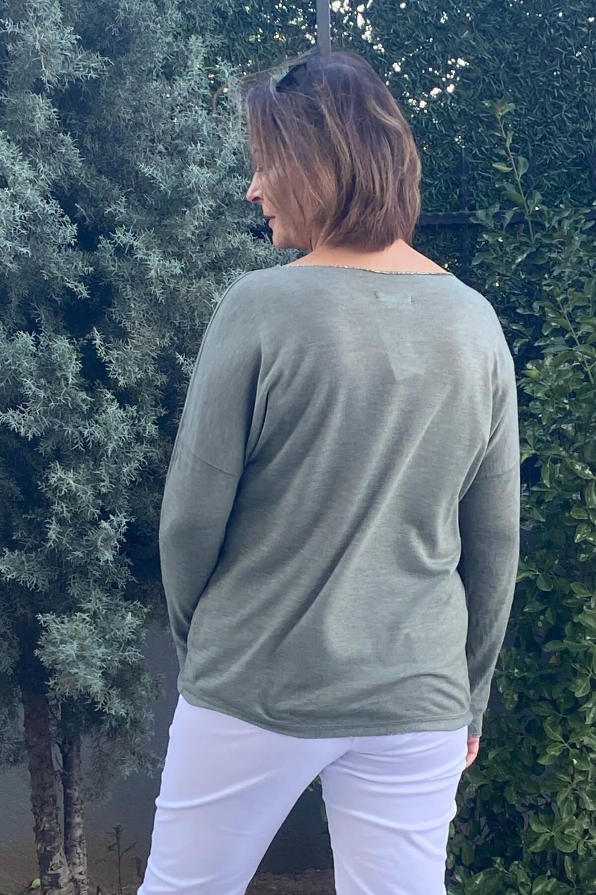 Kadın İtalyan Yeşil Varak Detaylı Triko Bluz