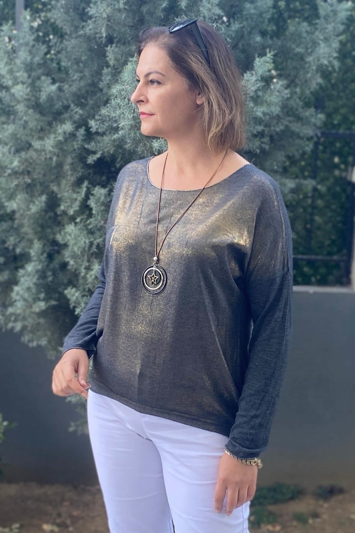 Kadın İtalyan Füme Varak Detaylı Triko Bluz