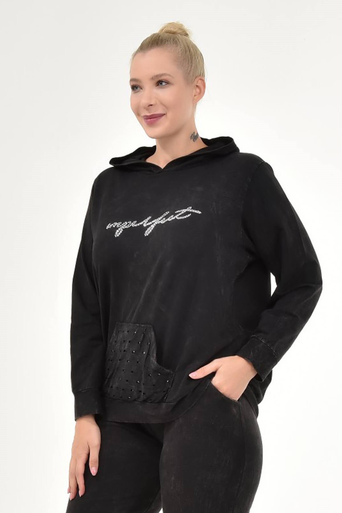 Kadın Büyük Beden İtalyan Yıkama Siyah Kapşonlu Sweatshirt