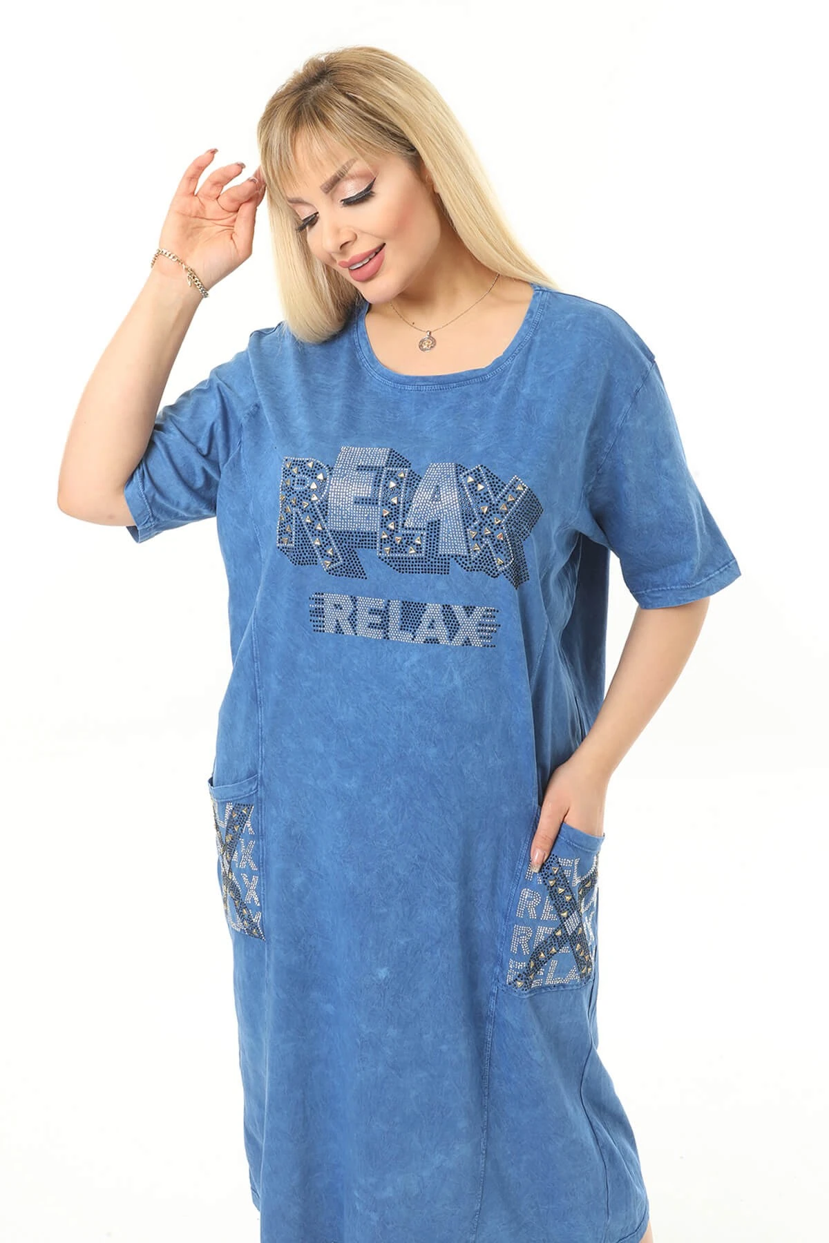 Büyük Beden Mavi Eteği Dantel Detaylı Elbise