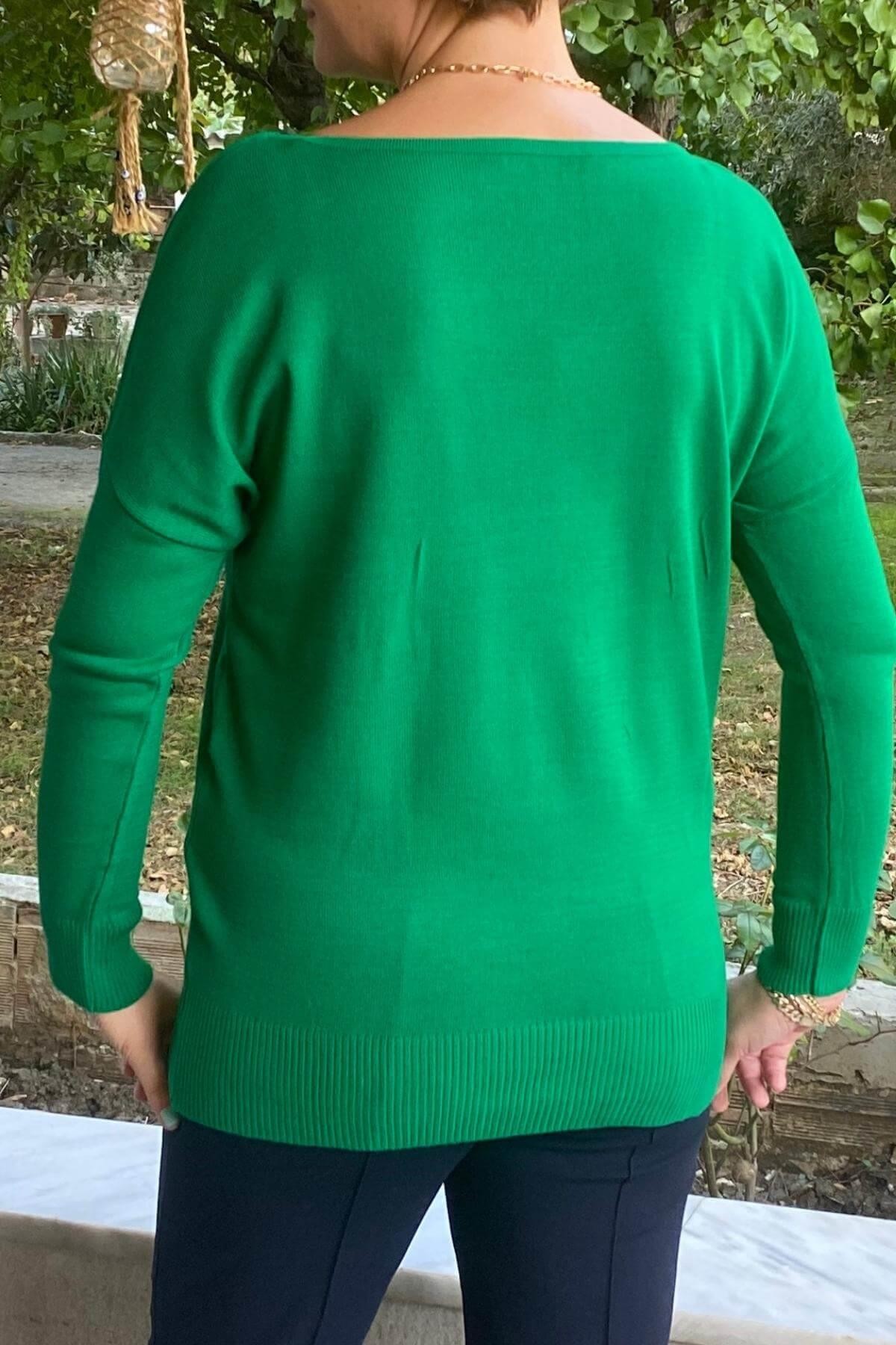 Kadın Yeşil Kayık Yaka Triko Bluz