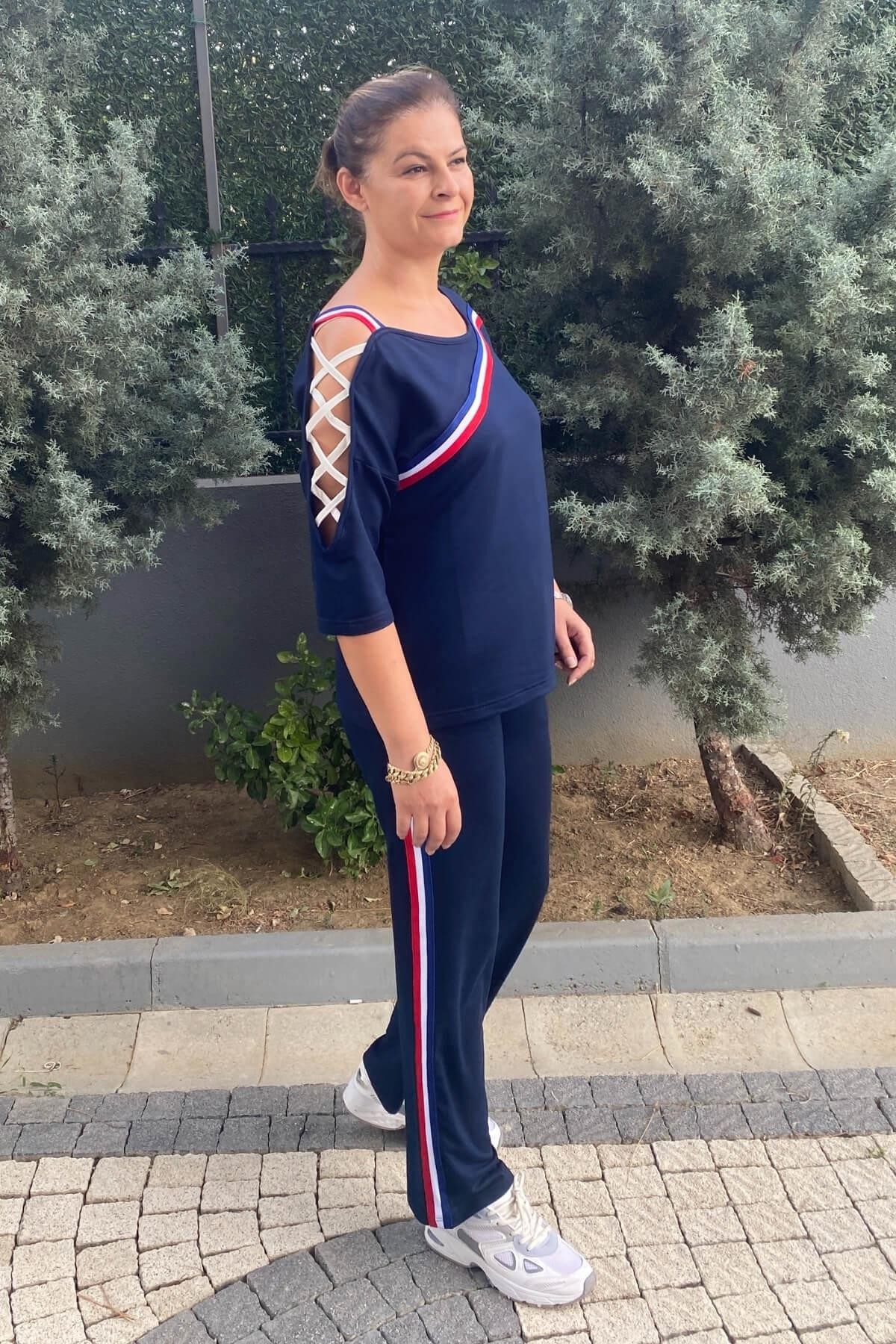 Büyük Beden Lacivert Tek Omuz Dekolteli Eşortman Takım