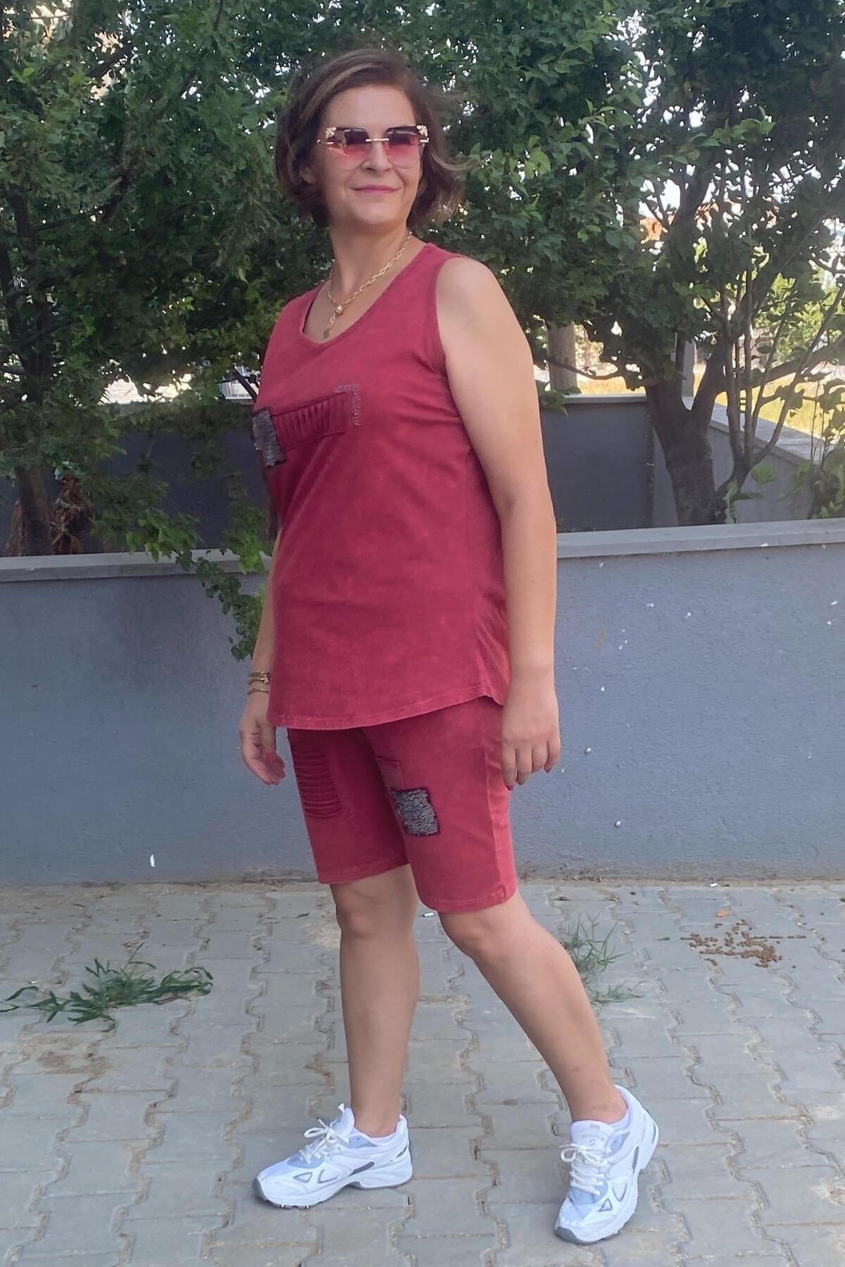 Büyük Beden Bordo Gümüş Şort Takım