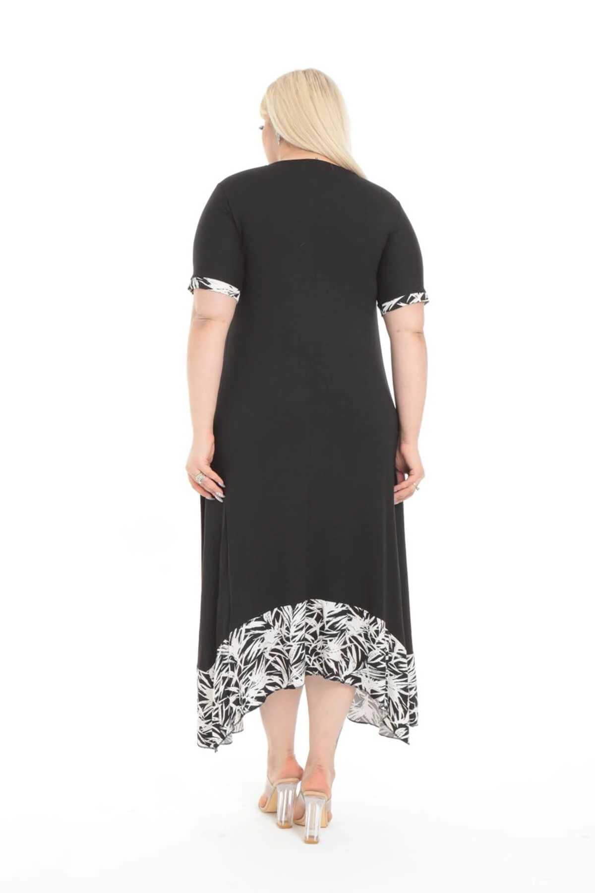 Büyük Beden Siyah Palmiye Desen Asimetrik Elbise