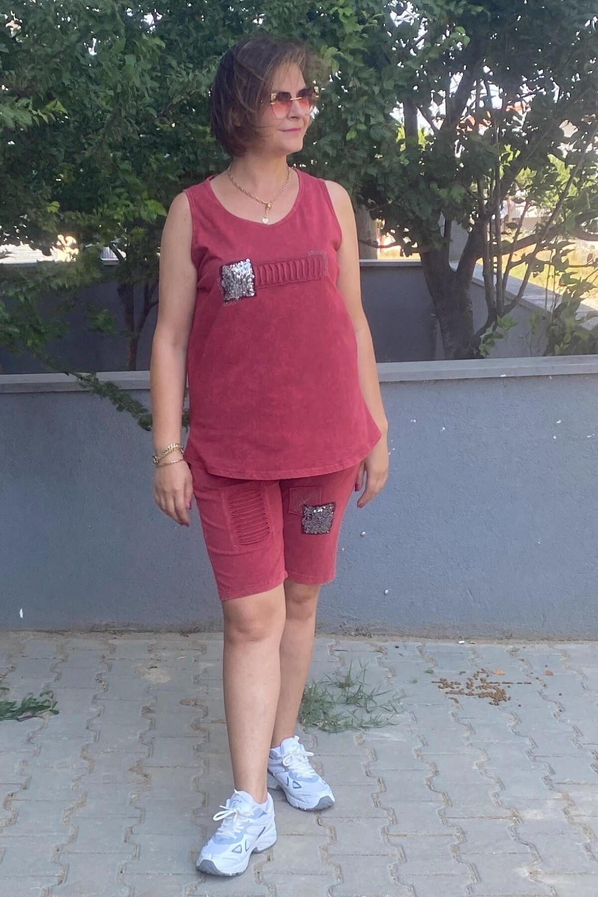 Büyük Beden Bordo Gümüş Şort Takım