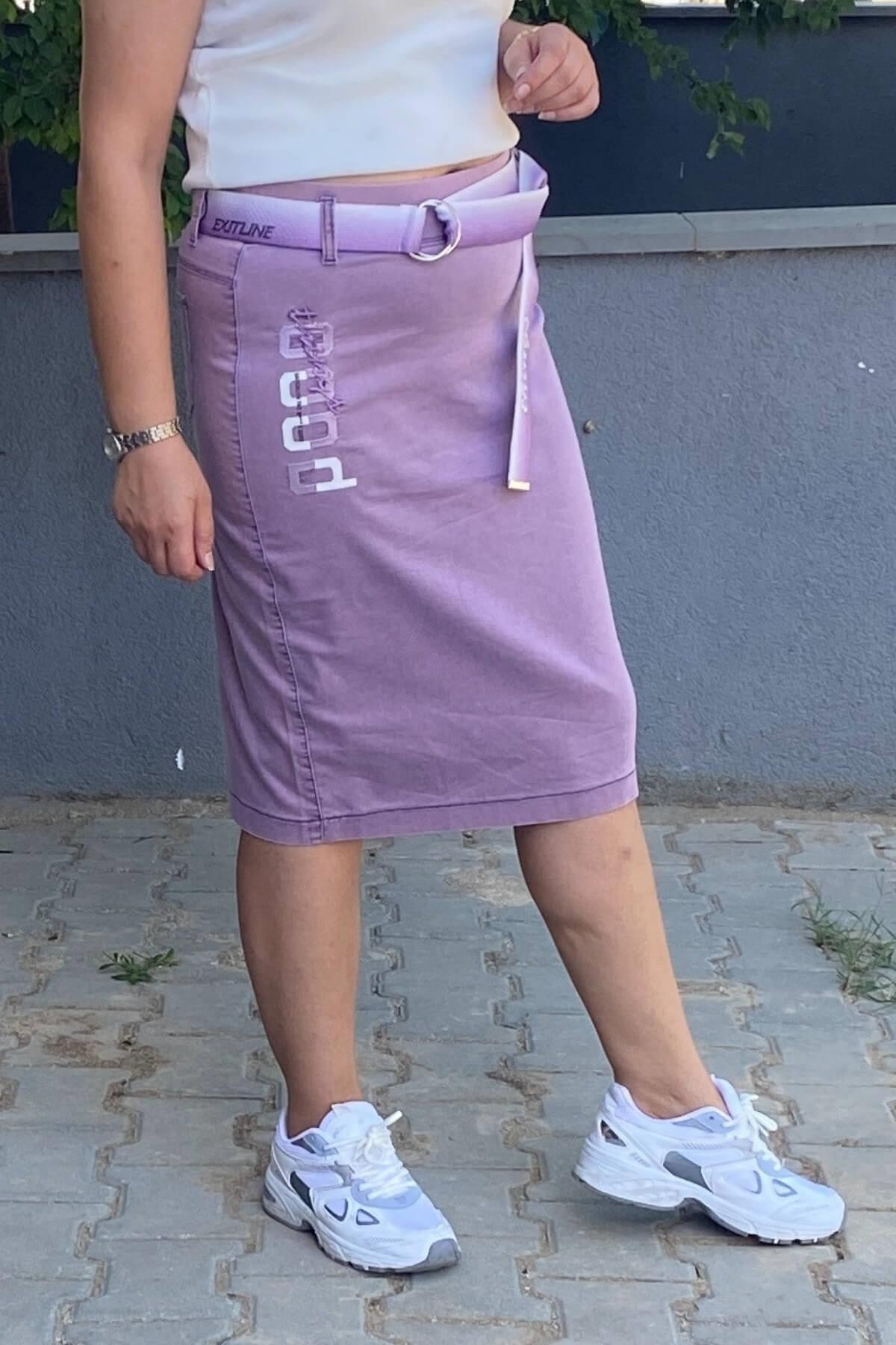 Büyük Beden Lila Tasarım Tensel Kot Etek