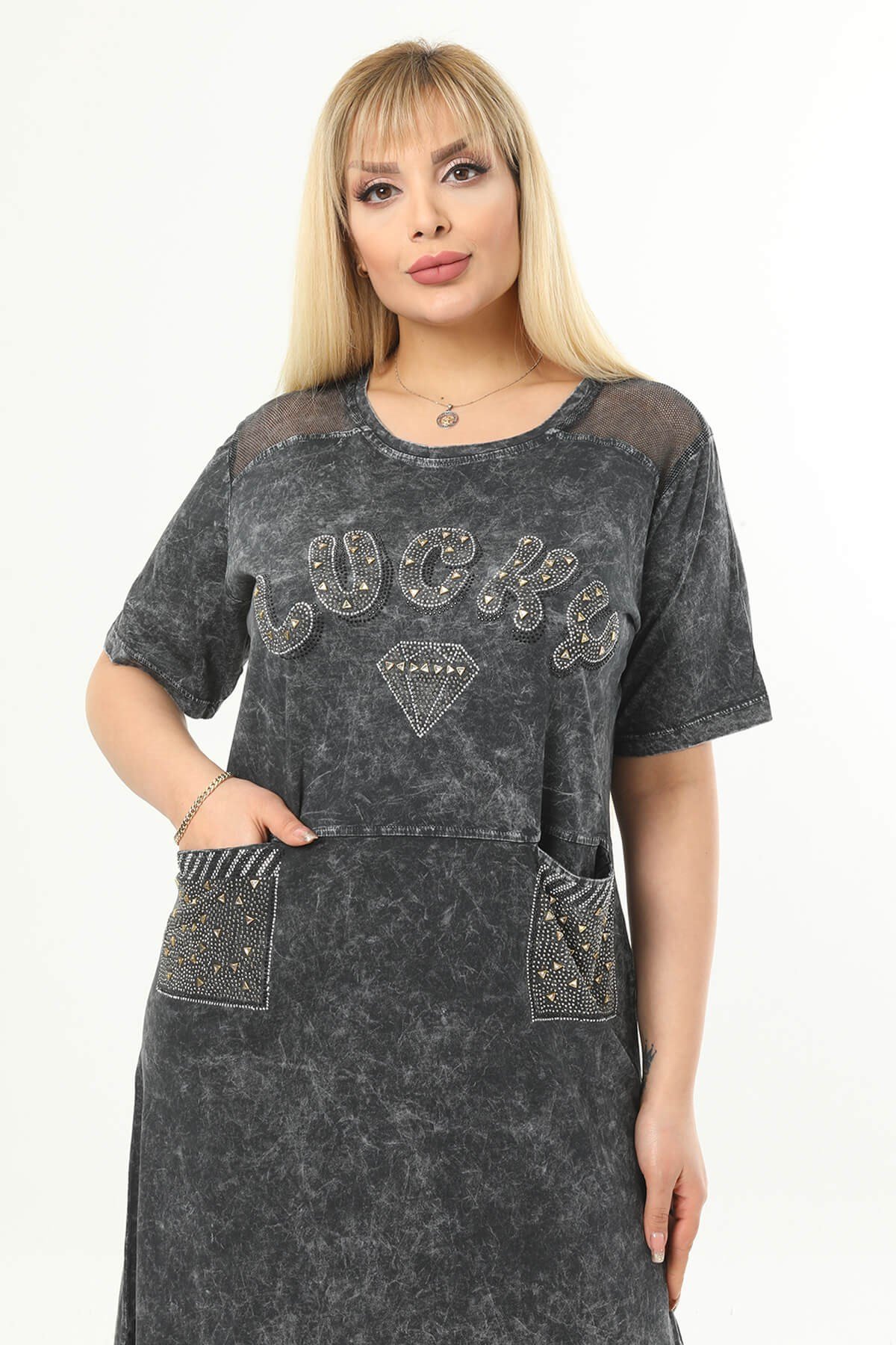 Büyük Beden Füme Omuzları File Detaylı Elbise