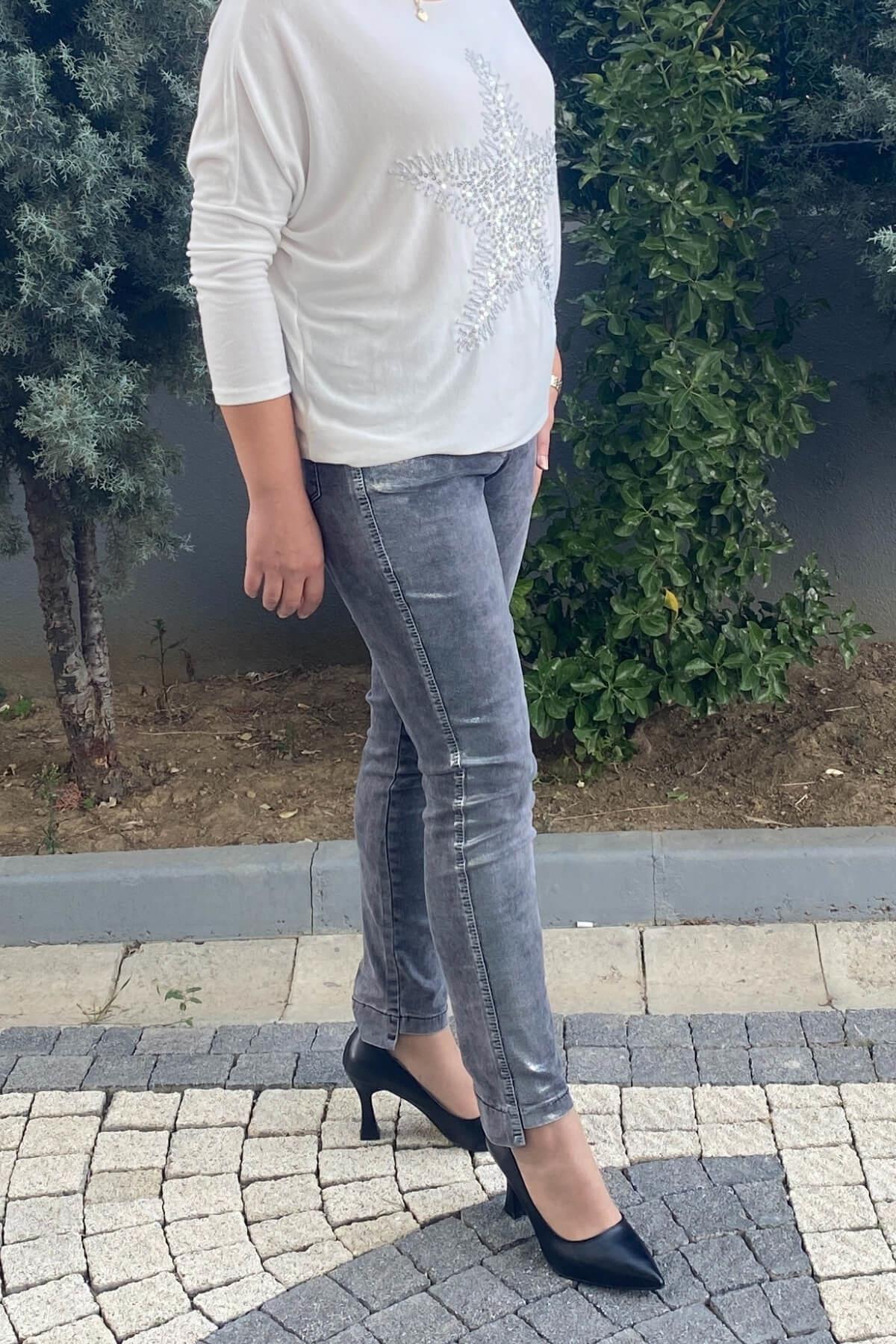 Kadın Varak Detarylı Koyu Gri Kot Pantolon