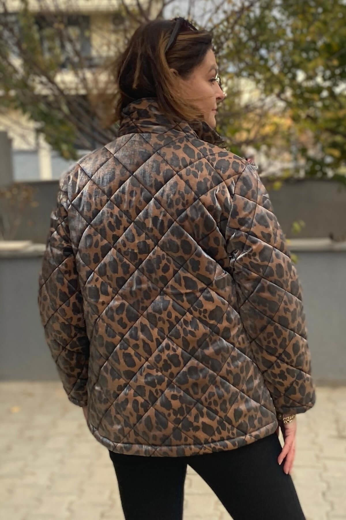 Büyük Beden Kahve Leopar Desenli Mont