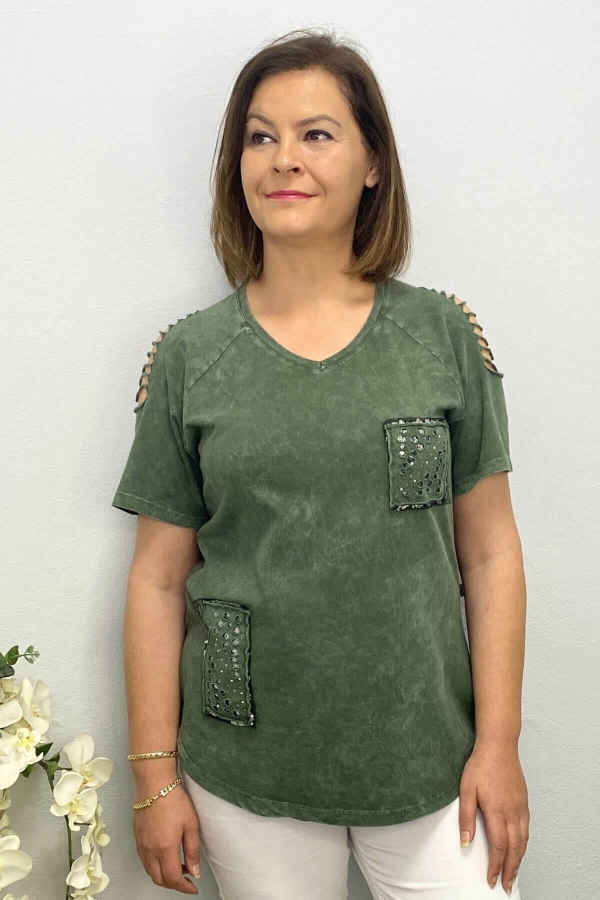 Büyük Beden Haki Omuz Dekolte Pamuklu Tshirt