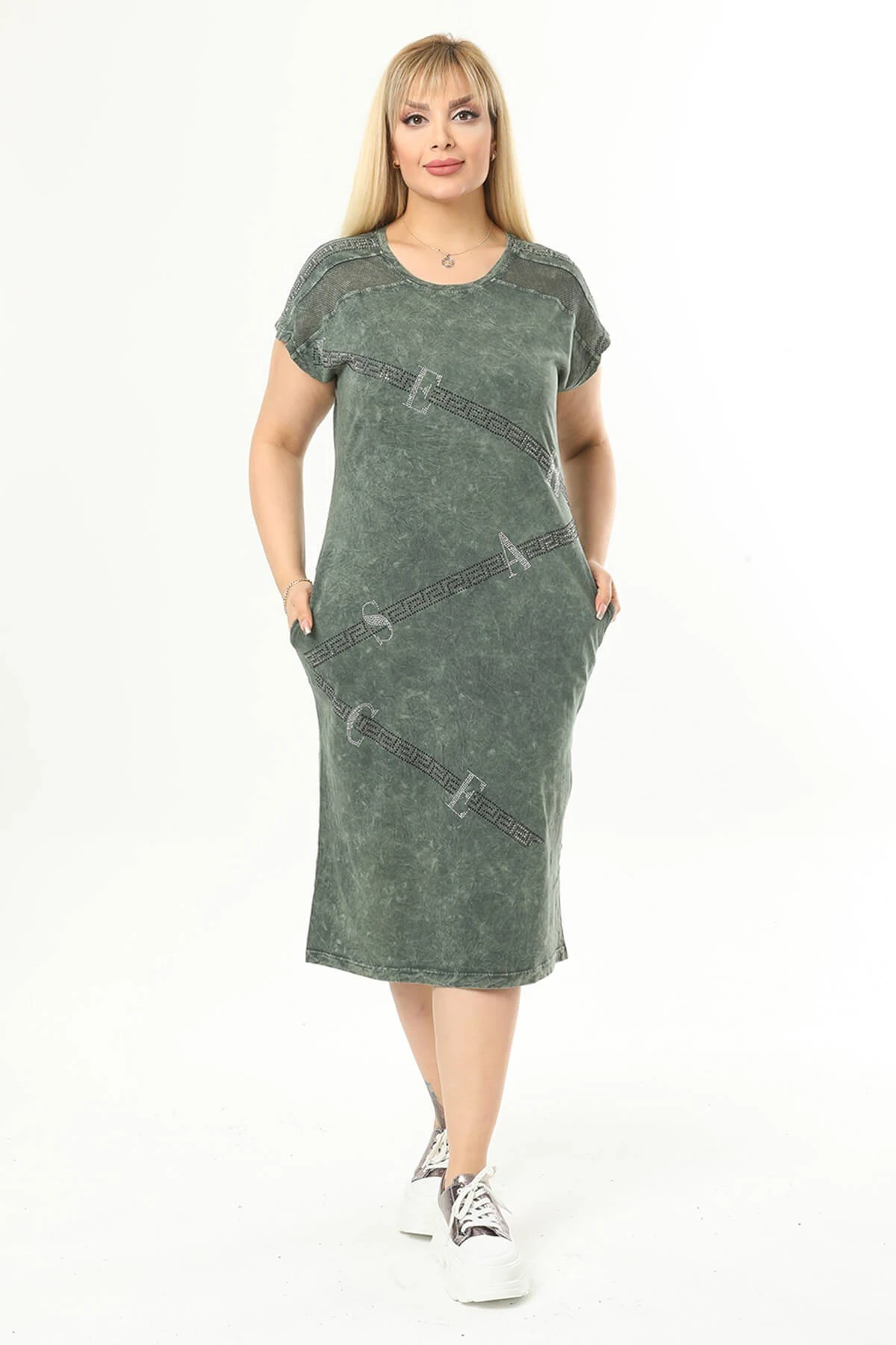Büyük Beden Haki Gizli Cep Detaylı Elbise