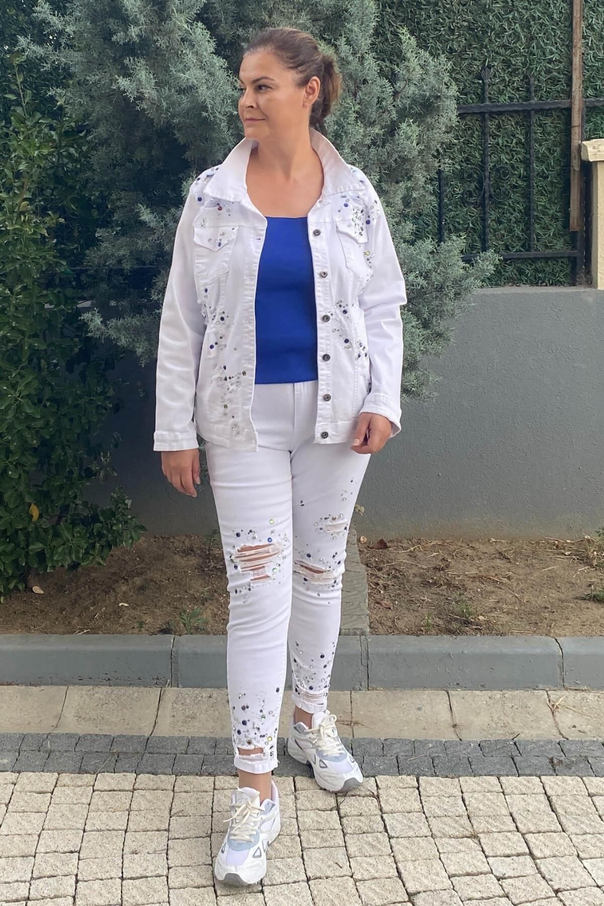 Büyük Beden Star Jean Takım Beyaz