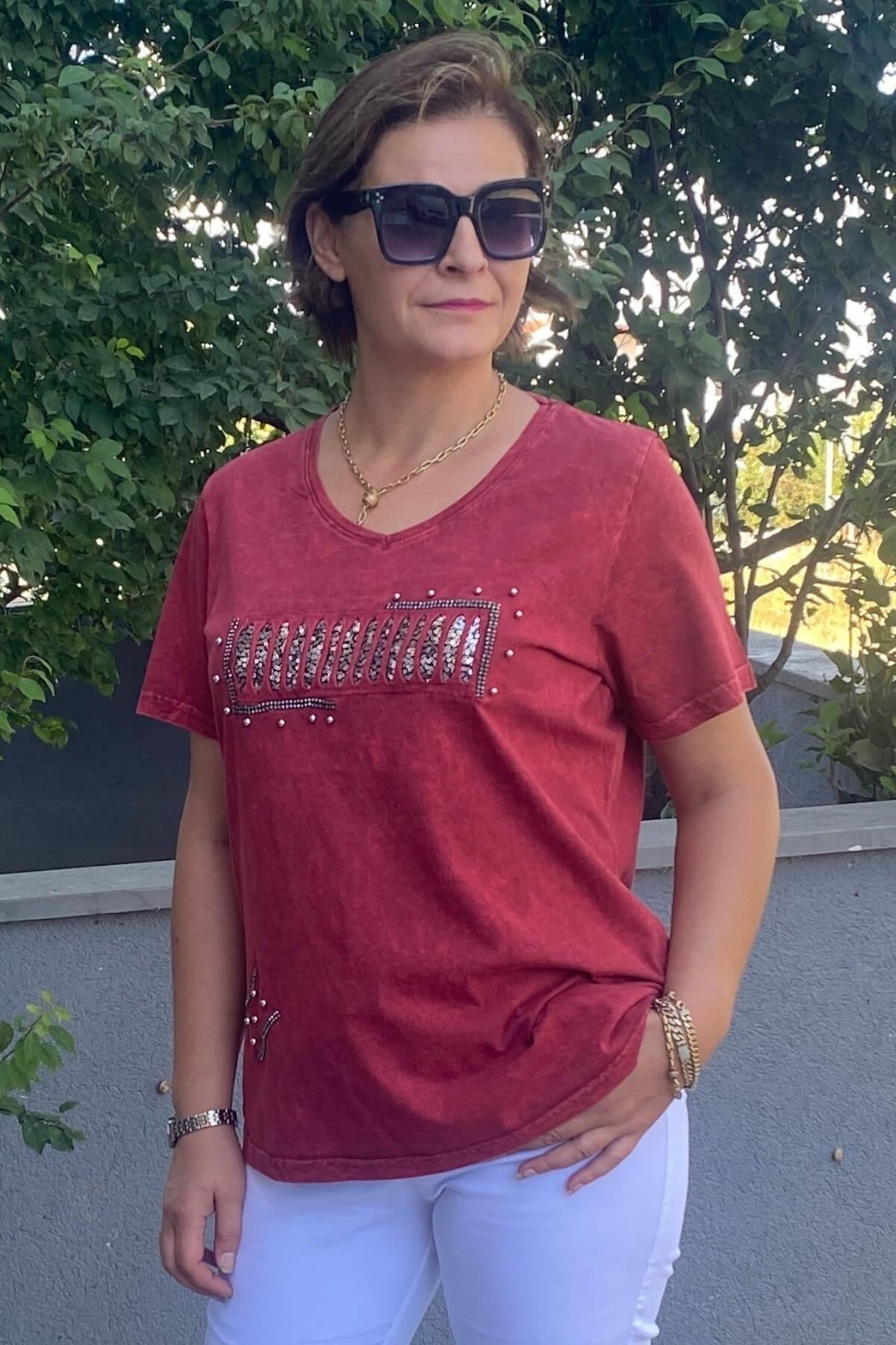 Büyük Beden Bordo İtalyan Yıkamalı Pencere Detaylı Tshirt
