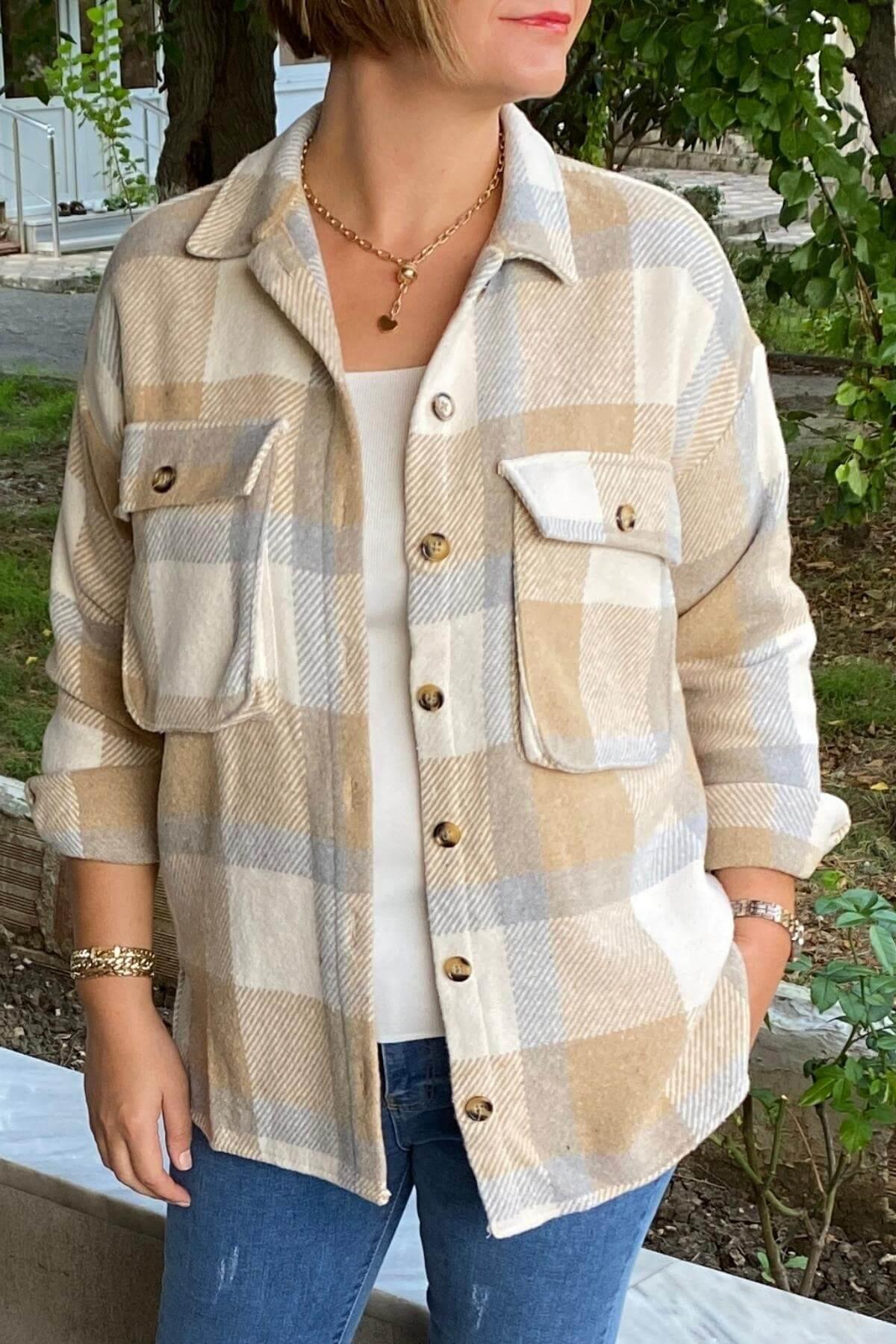 Kadın Bej Oduncu Gömlek Ceket