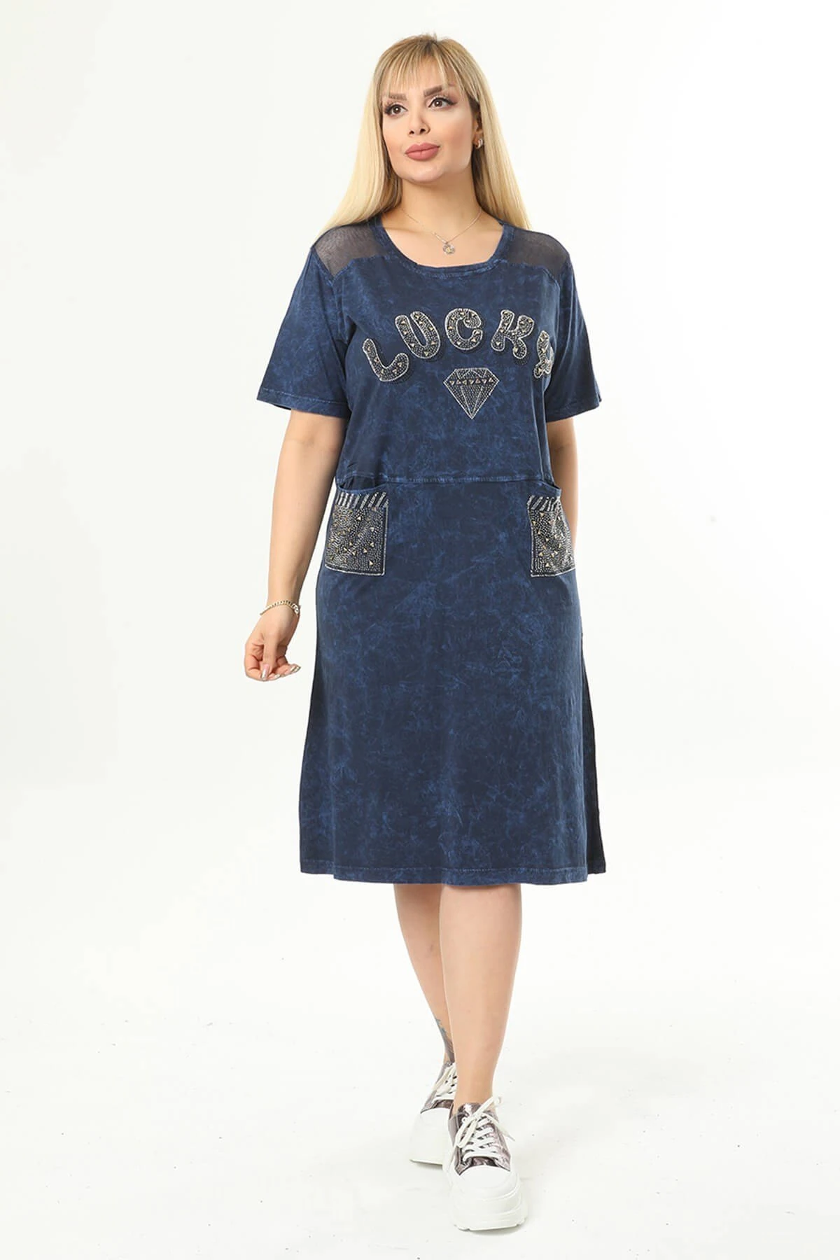 Büyük Beden Lacivert Omuzları File Detaylı Elbise