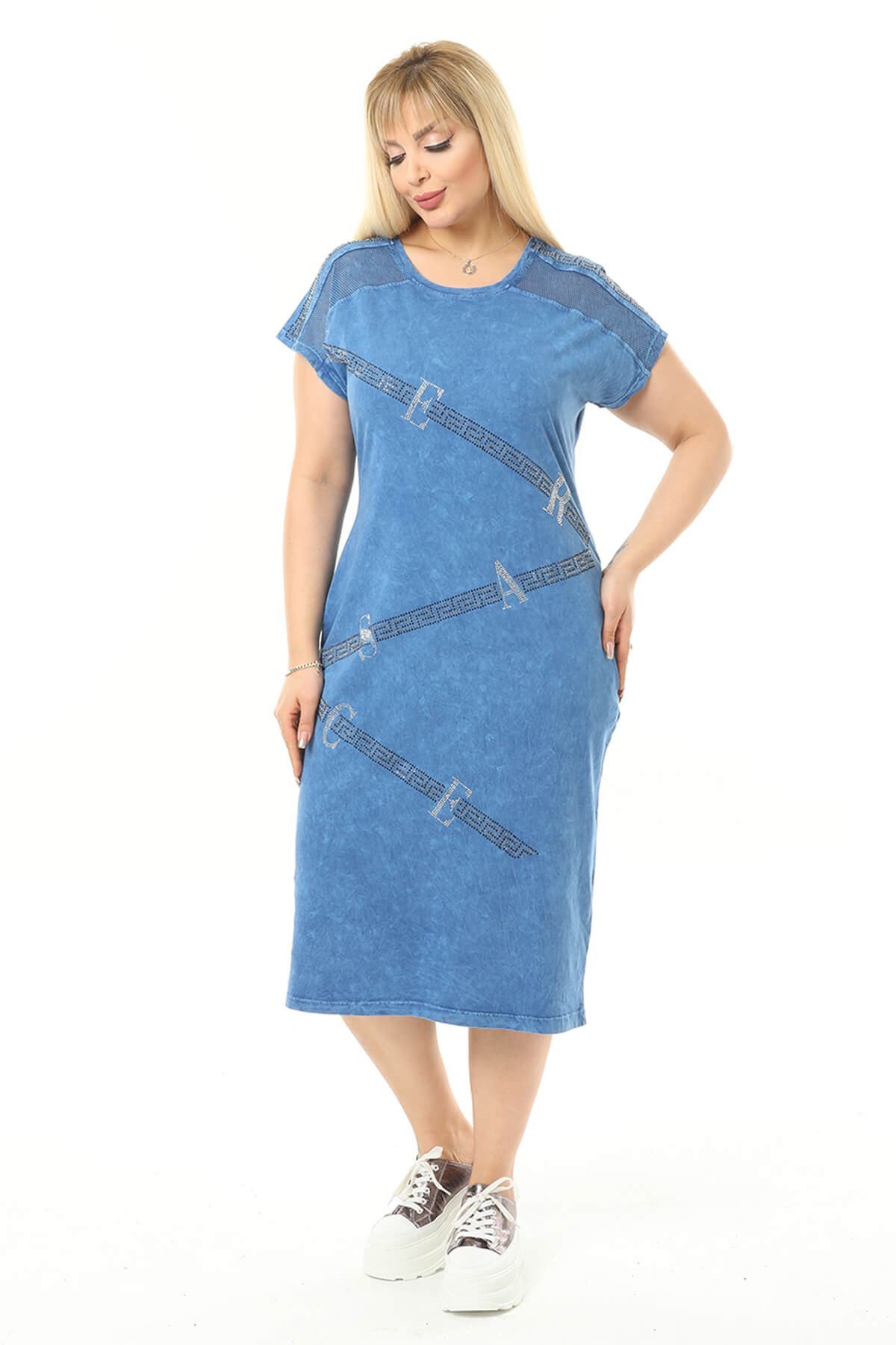 Büyük Beden Mavi Gizli Cep Detaylı Elbise