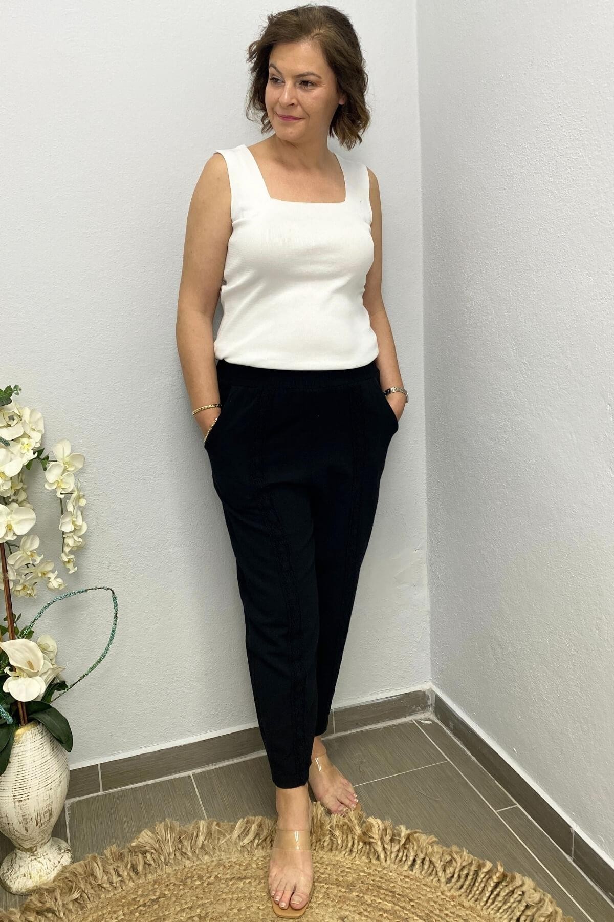 Kadın Siyah Keten Havuç Pantolon