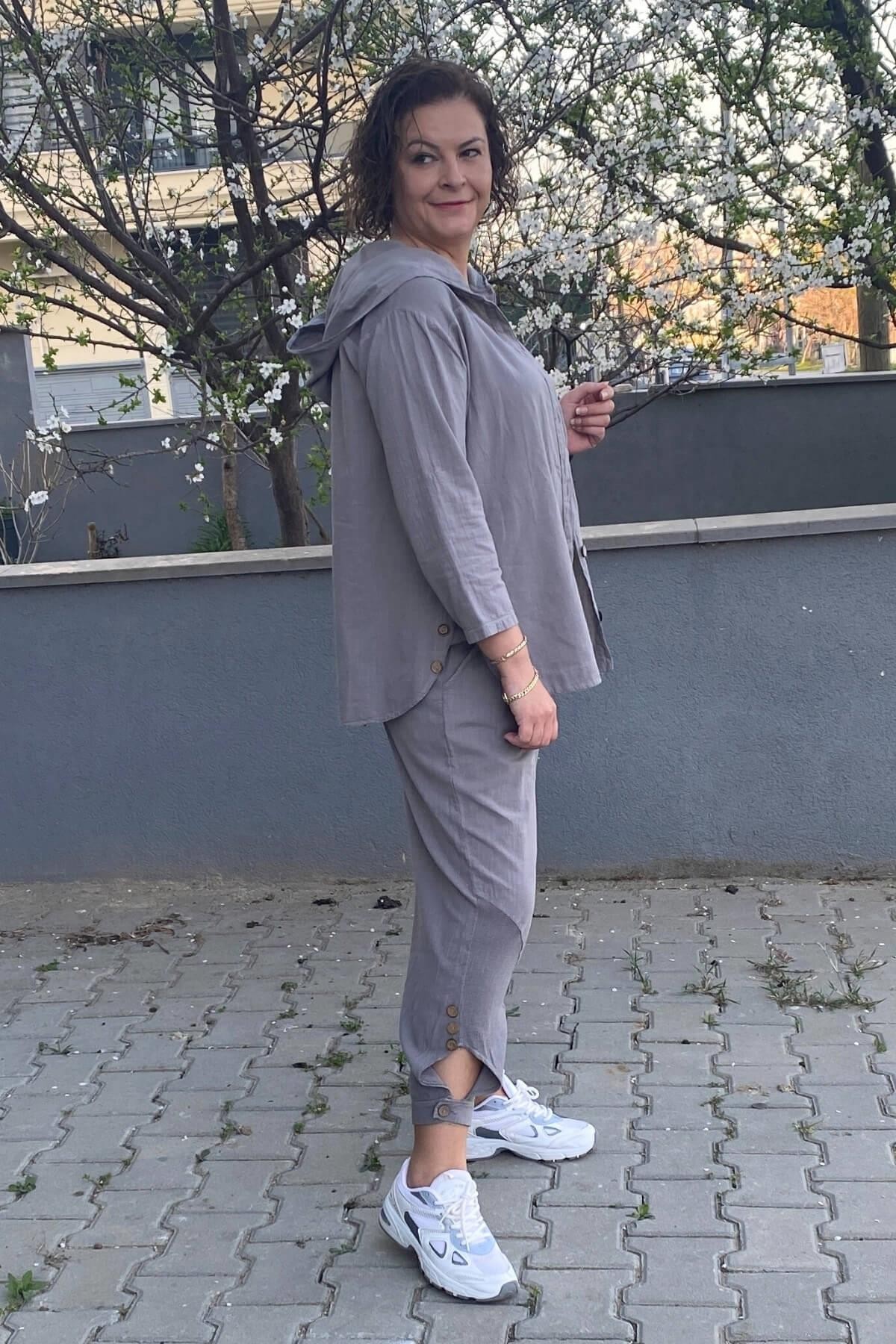 Kadın Gri Tasarım Spor Keten Takım