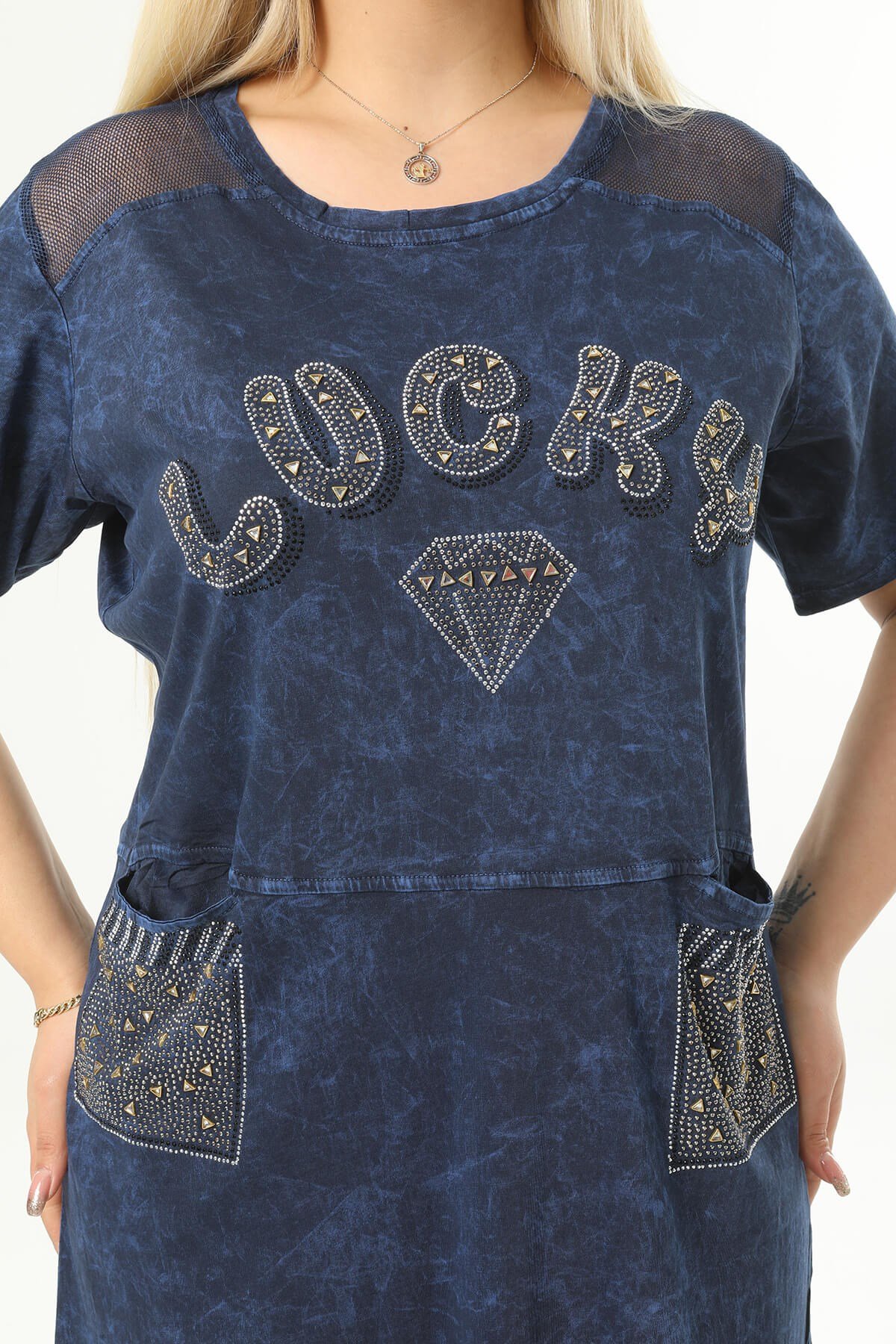 Büyük Beden Lacivert Omuzları File Detaylı Elbise